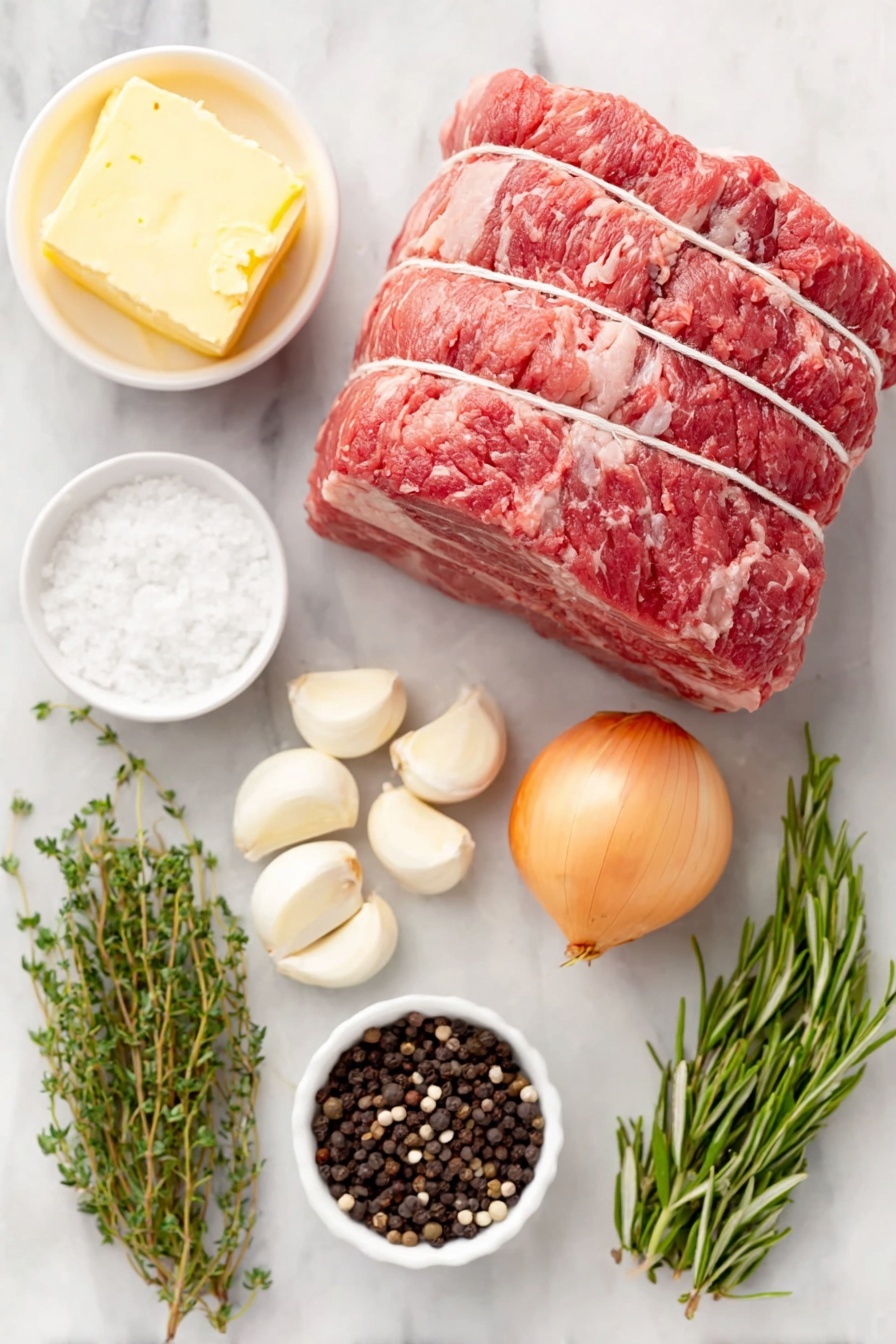 Flat lay of a fresh bone-in prime rib roast tied with kitchen twine, a small white ceramic bowl of softened butter, six peeled garlic cloves arranged neatly, a small white bowl filled with coarse kosher salt, a few sprigs of fresh thyme, a few sprigs of fresh rosemary, a small white bowl of freshly cracked black peppercorns, and a quartered yellow onion, all placed symmetrically on a clean white marble surface, soft natural light, photo taken with an iPhone, professional food photography style, fresh ingredients, white ceramic bowls, no bottles, no duplicates, no utensils, no packaging --ar 2:3 --v 7 --p m7354615311229779997 - Best No-Fail Garlic Herb Prime Rib, prime rib cooking tips, garlic herb roast, how to cook perfect prime rib, holiday prime rib recipe