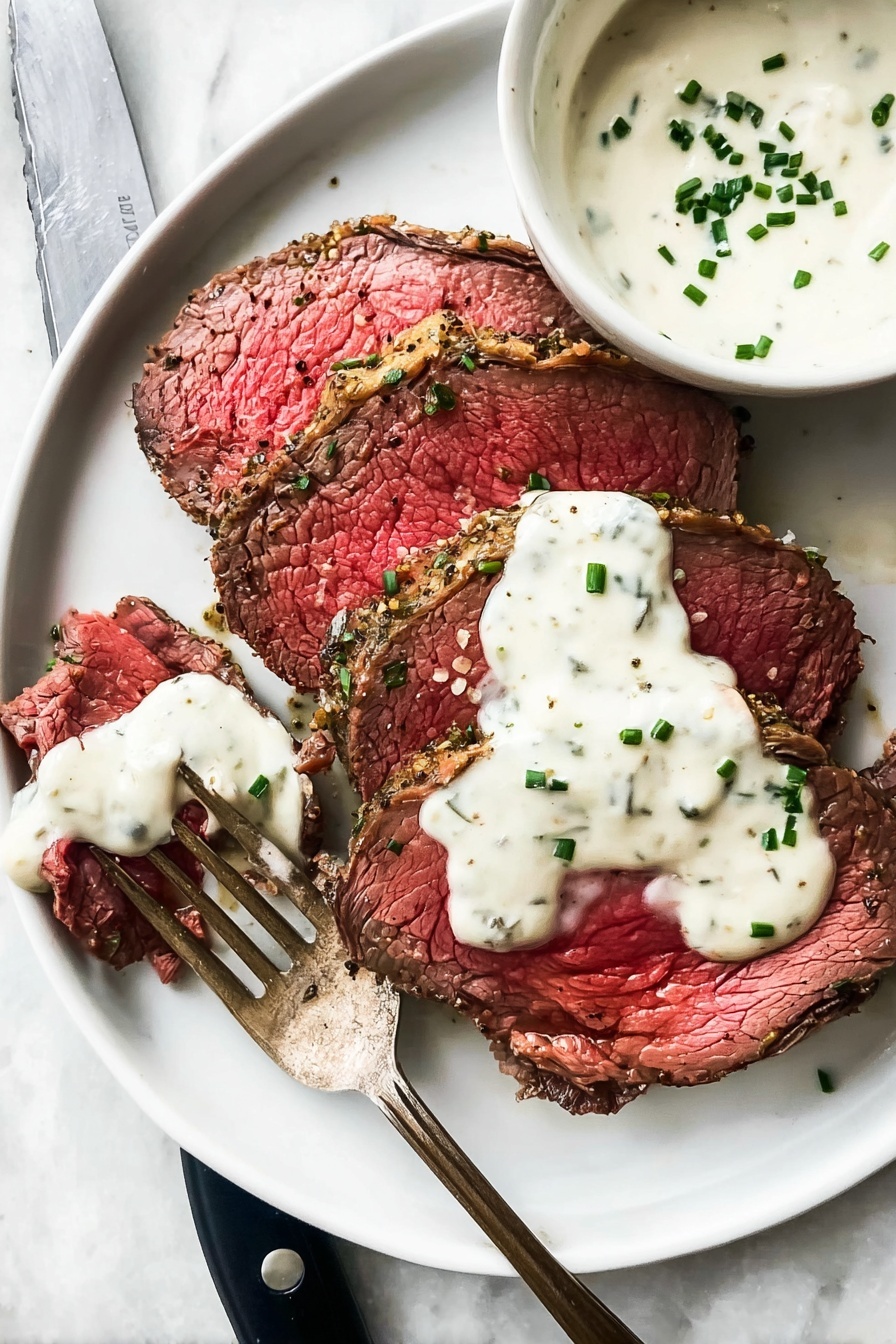 A white plate holds three thick slices of red, juicy cooked meat with a pepper and herb crust, arranged close together. Each slice shows a dark brown edge with a moist, tender pink center and is topped with a thick, creamy white sauce sprinkled with small green chive pieces. A fork with a piece of meat covered in sauce is placed at the bottom left on the plate, and a small white bowl with more creamy sauce and green chives is partially visible next to the meat. The plate rests on a white marbled surface with a black-handled knife nearby. photo taken with an iphone --ar 2:3 --v 7 - Herbed Garlic Beef Tenderloin Roast, beef tenderloin recipe, garlic herb roast, elegant holiday beef, juicy beef tenderloin
