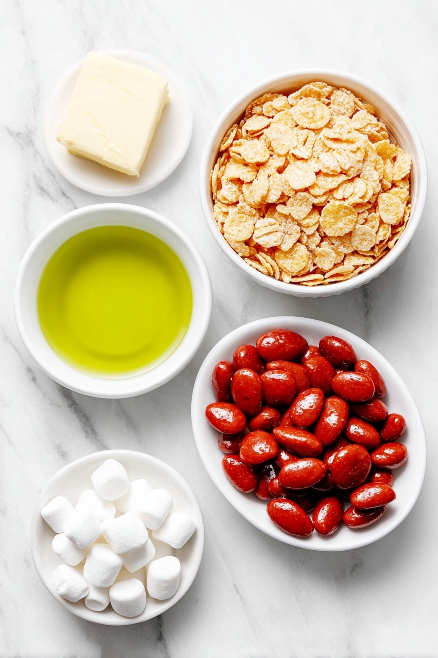 Flat lay of a small stack of golden cornflakes, a few mini white marshmallows scattered nearby, a small white ceramic bowl filled with melted golden butter, a few drops of vibrant green gel food coloring on a white ceramic dish, and a neat pile of small, bright red cinnamon candies arranged symmetrically, placed on a clean white marble surface, soft natural light, photo taken with an iPhone, professional food photography style, fresh ingredients, white ceramic bowls, no bottles, no duplicates, no utensils, no packaging --ar 2:3 --v 7 --p m7354615311229779997 - Christmas Cornflake Wreaths, festive holiday treats, easy Christmas snack ideas, kid-friendly holiday desserts, Christmas party finger foods