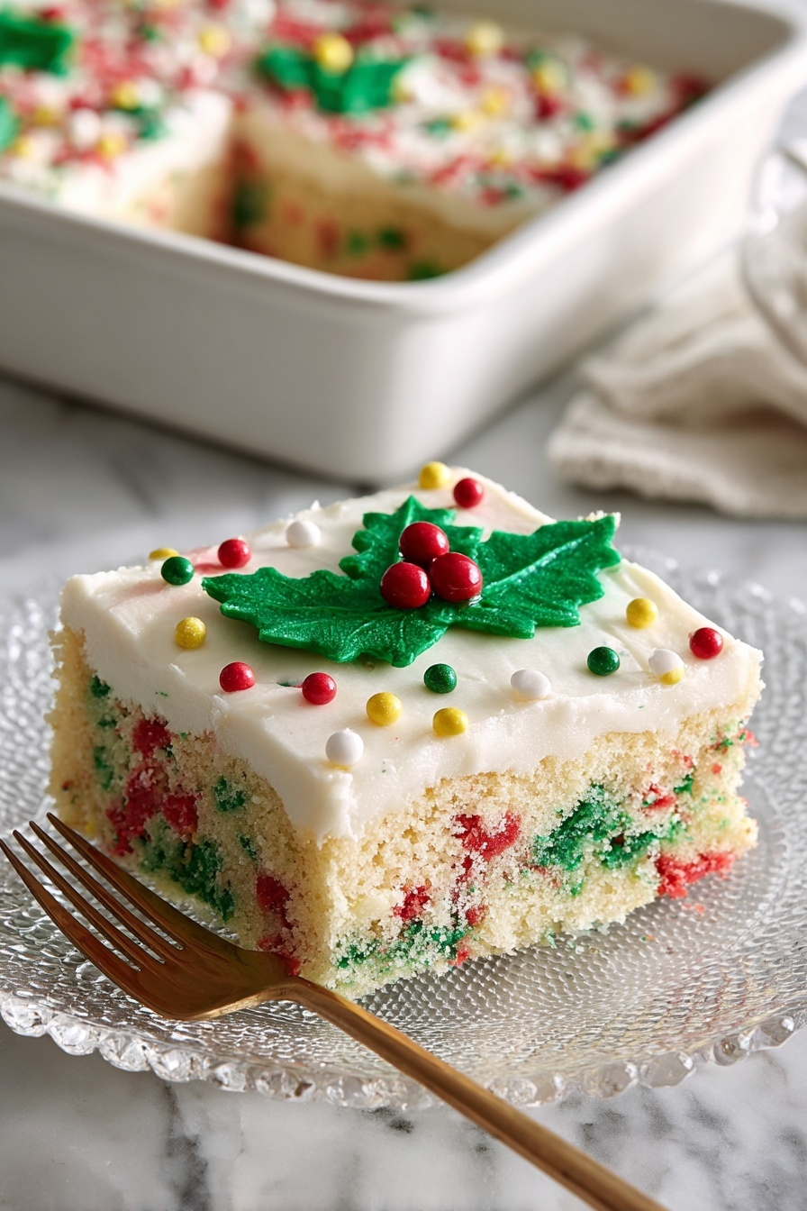 A single square piece of festive cake sits on a clear glass plate with a decorative edge, placed on a white marbled surface. The cake has two main layers; the bottom layer is a light, fluffy vanilla cake mixed with red and green sprinkles, creating a colorful speckled texture inside the cake. The top layer is a thick, smooth white frosting spread evenly, decorated with a large green holly leaf made of frosting with small red and yellow candy berries on it. Around the edges of the frosting top are red and green sprinkles mixed with tiny white frosting dots. In the background, a white baking pan holds the rest of the cake with a similar festive appearance. A gold fork lies next to the plate on the white marble surface. photo taken with an iphone --ar 2:3 --v 7 - Festive Christmas Sheet Cake with Buttercream Frosting, Christmas sheet cake with colorful sprinkles, holiday dessert recipes, easy Christmas cake recipes, festive holiday cake