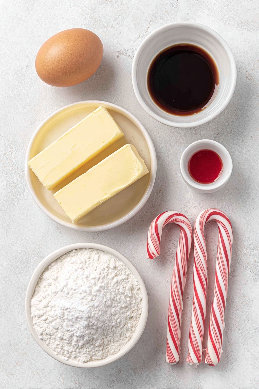 Flat lay of two sticks of salted butter, a small white bowl filled with powdered sugar, one large whole brown egg with a clean shell, a small white bowl holding clear vanilla extract, a small white bowl with peppermint extract, a white ceramic bowl heaped with all-purpose flour, a small white bowl containing vibrant red liquid food coloring, and three fresh unbroken candy canes placed side by side, all arranged symmetrically in balanced proportions, placed on a clean white marble surface, soft natural light, photo taken with an iPhone, professional food photography style, fresh ingredients, white ceramic bowls, no bottles, no duplicates, no utensils, no packaging --ar 2:3 --v 7 --p m7354615311229779997 - Candy Cane Cookies, festive holiday cookies, peppermint swirl cookies, Christmas cookie ideas, easy holiday treats