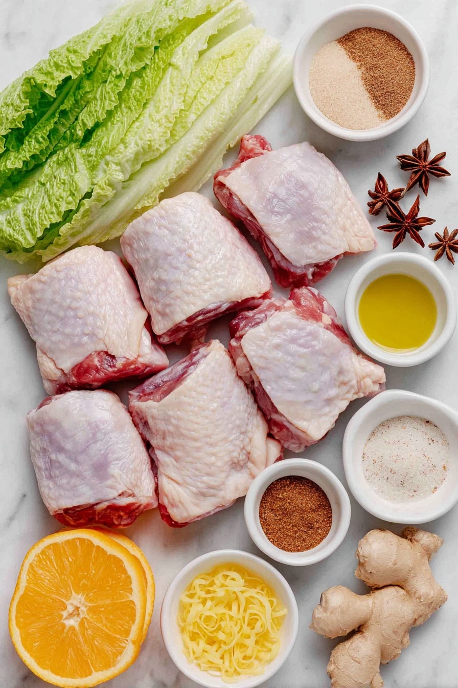 Flat lay of raw bone-in, skin-on chicken thighs and drumsticks arranged neatly, a small white bowl of bright orange zest curls, a small white bowl filled with fresh orange juice, another small white bowl with pale amber cider vinegar, a small white bowl of packed light brown sugar, a small white bowl of smooth Dijon mustard, a small white bowl holding golden olive oil, a small white bowl with fine ground cinnamon powder, a small white bowl with ground allspice, a small white bowl containing ground ginger, two whole star anise pods placed side by side, a small white bowl of coarse salt, a small white bowl with freshly ground black pepper, a few fresh endive and watercress leaves artistically spread out, and two whole fresh oranges cut into halves and wedges evenly spaced, all placed on a clean white marble surface, soft natural light, photo taken with an iPhone, professional food photography style, fresh ingredients, white ceramic bowls, no bottles, no duplicates, no utensils, no packaging --ar 2:3 --v 7 --p m7354615311229779997 - Sticky Orange Glazed Chicken Thighs, citrus chicken dinner, easy Asian-style chicken, juicy chicken thigh recipes, flavorful chicken glaze