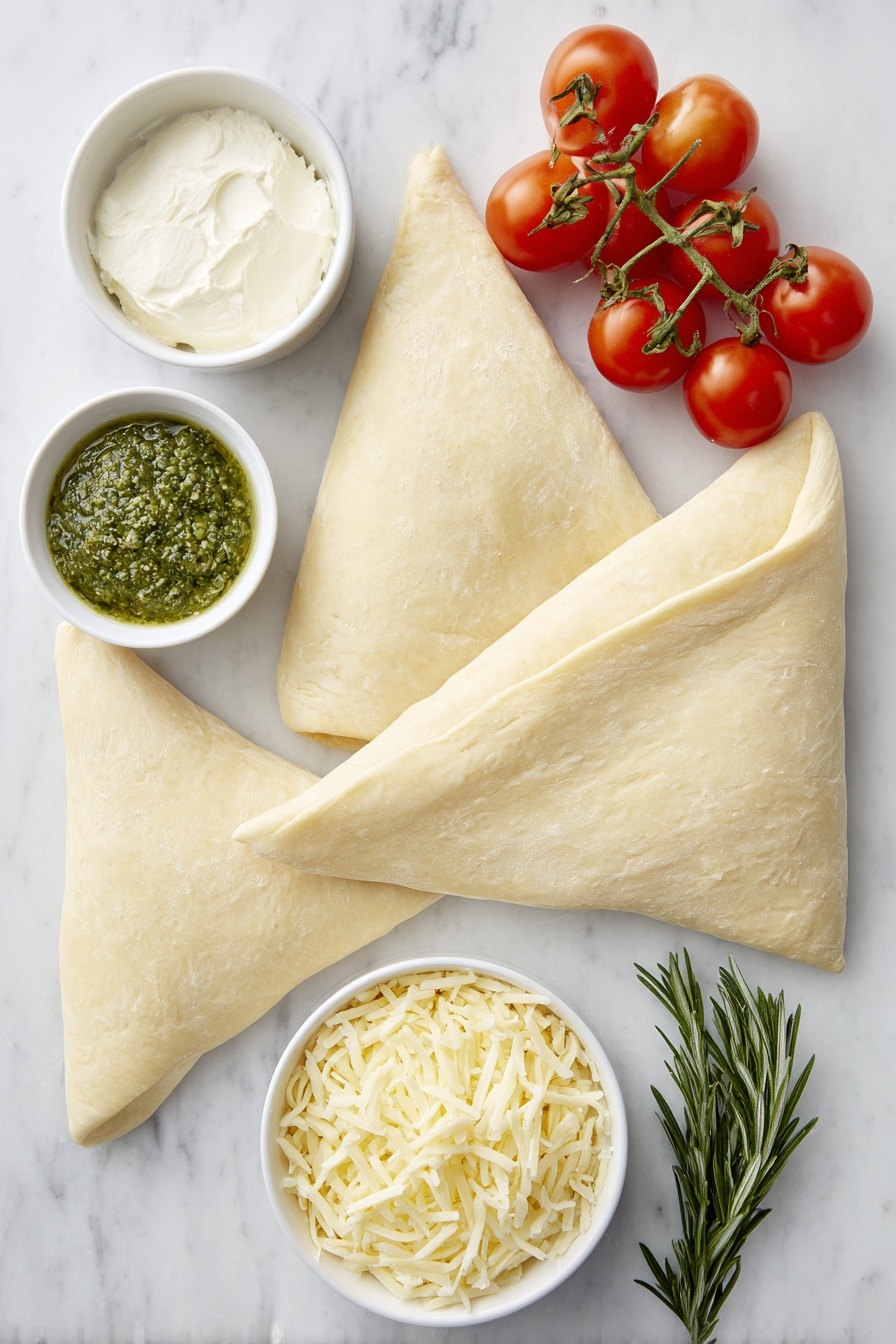 Flat lay of two unrolled sheets of pale crescent roll dough triangles, a small white ceramic bowl with softened cream cheese, a small white ceramic bowl filled with shredded white mozzarella cheese, a small white ceramic bowl holding bright green basil pesto, fresh green rosemary sprigs, and a handful of glossy red cherry tomatoes, all arranged in balanced symmetry on a clean white marble surface, soft natural light, photo taken with an iPhone, professional food photography style, fresh ingredients, white ceramic bowls, no bottles, no duplicates, no utensils, no packaging --ar 2:3 --v 7 --p m7354615311229779997 - Cheesy Pesto Wreath, basil pesto appetizer, easy holiday appetizer, cheesy crescent wreath, festive cheese appetizer