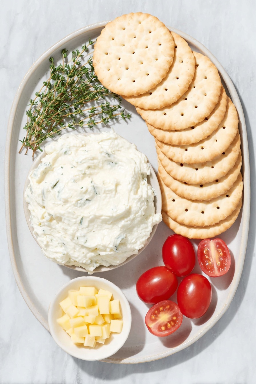 Flat lay of a neat stack of round rice crackers, a small mound of smooth whipped cream cheese on a simple white ceramic plate, several small sprigs of fresh dill arranged neatly on a white ceramic dish, a single bright yellow bell pepper sliced into tiny rectangular dices in a small white bowl, and six shiny red cherry tomatoes with one halved displayed beside them, all placed on a clean white marble surface, soft natural light, photo taken with an iPhone, professional food photography style, fresh ingredients, white ceramic bowls, no bottles, no duplicates, no utensils, no packaging --ar 2:3 --v 7 --p m7354615311229779997 - Christmas Ornament Appetizer Bites, holiday party appetizers, festive holiday snacks, easy Christmas party treats, colorful appetizer ideas