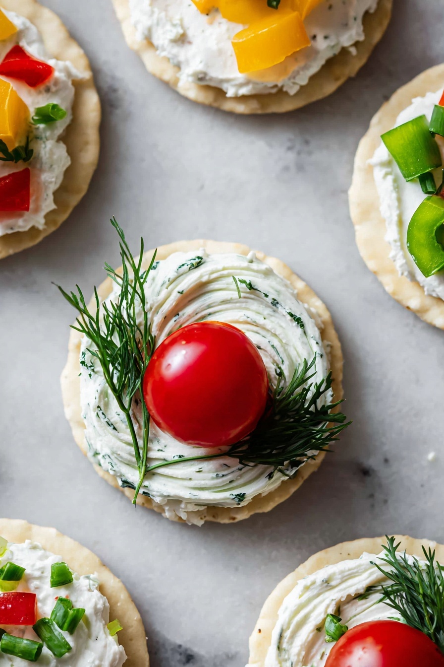 The image shows several small round crackers on a white marbled surface, each topped with different fresh toppings. The central cracker has a base layer of white cream cheese swirled in a circular pattern, decorated with green dill sprigs around the edges, and topped with a shiny whole small red tomato accented with a tiny piece of yellow pepper. Around it, other crackers display similar layers with swirled or square patches of white cream cheese, garnished with green herbs like parsley and chives, and small pieces of red and green peppers. The overall look is colorful, fresh, and neatly arranged. photo taken with an iphone --ar 2:3 --v 7 - Christmas Ornament Appetizer Bites, holiday party appetizers, festive holiday snacks, easy Christmas party treats, colorful appetizer ideas