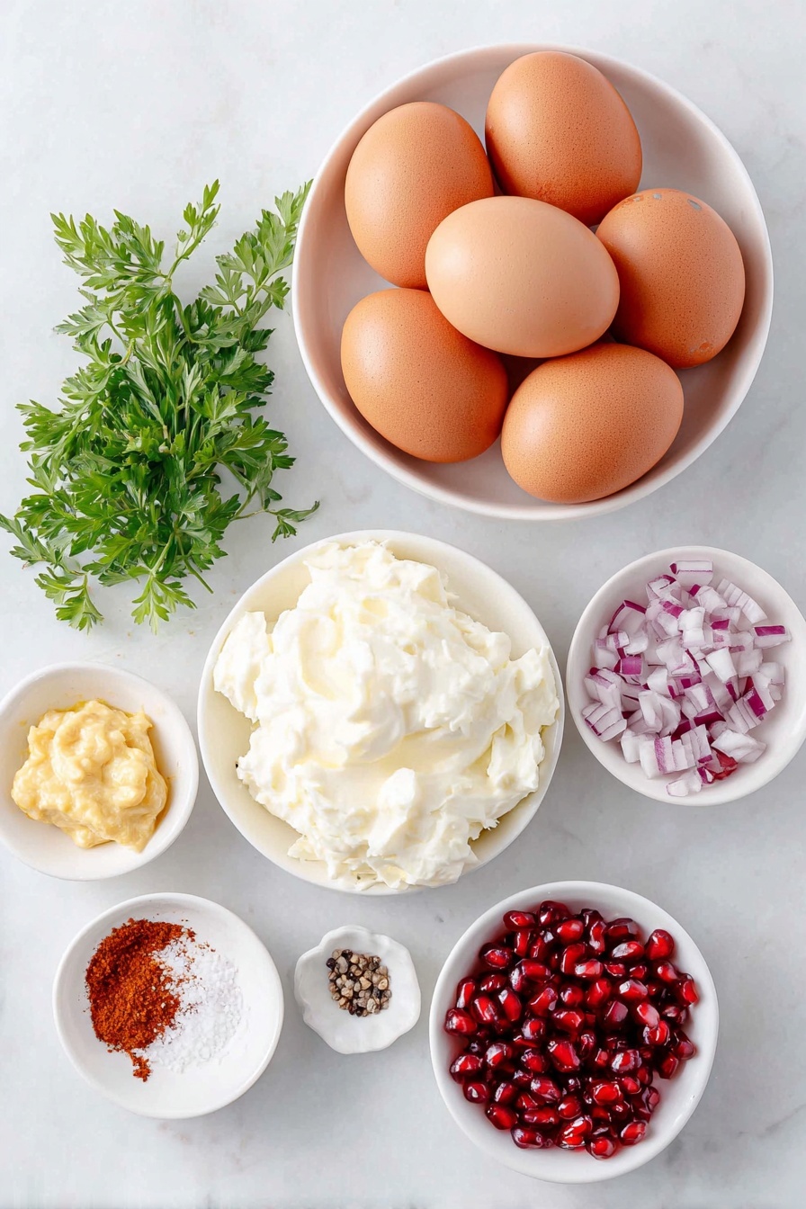 Flat lay of six whole uncracked brown eggs, a small white ceramic bowl of creamy mayonnaise, a small white bowl of vibrant minced dill pickles, a small white bowl of finely diced purple-red onion, a small white bowl with a heap of golden yellow dijon mustard, a small white bowl containing bright red pomegranate seeds, a small white bowl of deep red paprika powder, a small white bowl of coarse black pepper, a small white bowl of white salt crystals, and a few fresh green parsley sprigs arranged symmetrically, all placed on a clean white marble surface, soft natural light, photo taken with an iPhone, professional food photography style, fresh ingredients, white ceramic bowls, no bottles, no duplicates, no utensils, no packaging --ar 2:3 --v 7 --p m7354615311229779997 - Festive Instant Pot Deviled Eggs, holiday appetizer with deviled eggs, quick Instant Pot egg recipes, Christmas party finger foods, easy holiday appetizer ideas