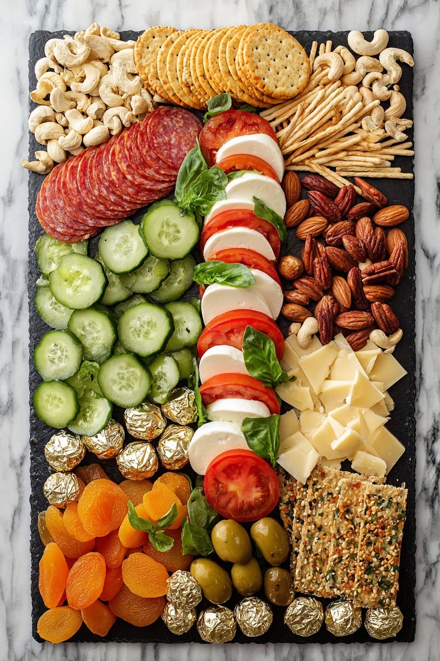 A rectangular black board holds a colorful charcuterie arrangement on a white marbled surface. On the left side, there are layers of green cucumber slices with smooth textures and darker edges. Above the cucumbers are folded red and white slices of salami. Moving to the center, a cluster of green olives is surrounded by round, golden-brown crackers stacked in a small pile. Toward the top right, slices of fresh mozzarella and bright red tomato alternate in three vertical lines, each pair separated by small green basil leaves with a soft texture. On the bottom left, there are cubes of yellow and pale cheese mixed with scattered nuts like almonds and cashews. Finally, the right edge has several orange dried apricot slices, green leafy herbs, and thin brown pretzels with a slightly shiny surface. Small metallic gold and silver balls are placed across the board for decoration photo taken with an iphone --ar 2:3 --v 7 - Christmas Charcuterie Board, festive holiday charcuterie board, holiday party appetizer, Christmas appetizer ideas, easy holiday snack