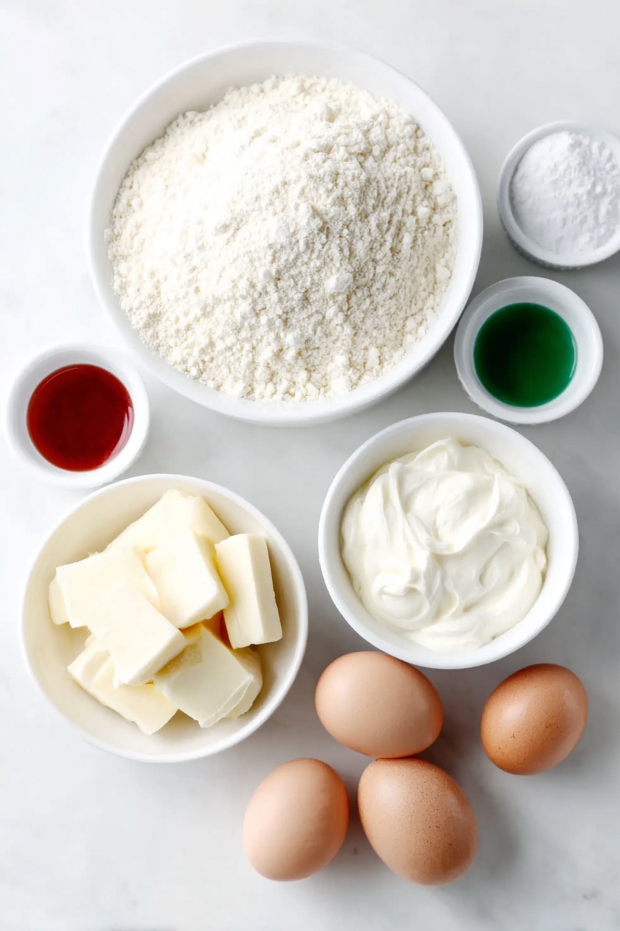 Flat lay of a medium white ceramic bowl filled with finely ground almond flour, a small white ceramic bowl with powdered sugar, three whole large eggs with clean shells, a small white ceramic bowl containing granulated sugar, three small white ceramic bowls each holding vivid red, green, and white gel food coloring, a medium white ceramic bowl with softened unsalted butter, a small white ceramic bowl of heavy cream, a small white ceramic bowl with vanilla extract, placed on a clean white marble surface, soft natural light, photo taken with an iPhone, professional food photography style, fresh ingredients, white ceramic bowls, no bottles, no duplicates, no utensils, no packaging --ar 2:3 --v 7 --p m7354615311229779997 - Festive Christmas Macarons, Christmas Macarons with Buttercream, Holiday Macaroon Recipes, Christmas Dessert Ideas, Festive Holiday Treats