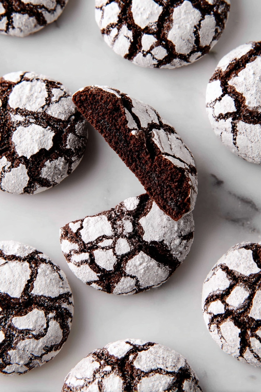 The image shows eight dark brown chocolate cookies with a cracked surface covered in a layer of white powdered sugar, creating a web-like pattern across each cookie. One cookie is split in half, revealing a dense, soft texture inside that contrasts with the dry powdered sugar outside. The cookies are placed on a smooth white marbled surface, scattered in a casual, slightly overlapping arrangement. Photo taken with an iphone --ar 2:3 --v 7 - Chocolate Crinkle Cookies, best chocolate crinkle cookie recipe, fudgy chocolate holiday cookies, easy chocolate cookies, crackled powdered sugar cookies