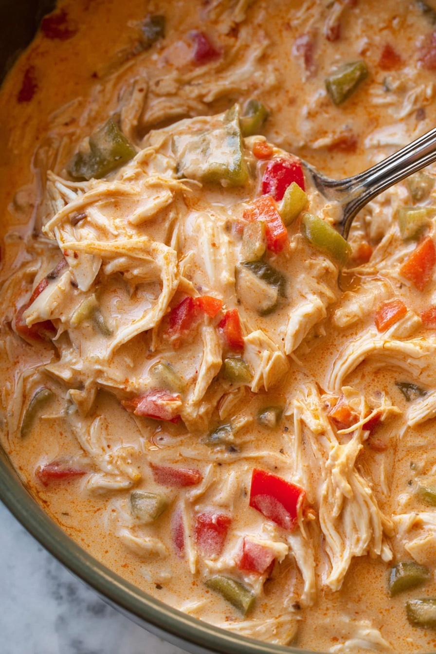 The image shows a close-up of a creamy dish with shredded white meat mixed with small chunks of red, orange, and green vegetables like bell peppers and celery, all covered in a thick light orange sauce with a smooth texture. The creamy mixture fills most of the frame, with a metal spoon partially visible scooping some of the mixture from the edge. The background is a white marbled texture. photo taken with an iphone --ar 2:3 --v 7 - Creamy Cajun Chicken Soup, Cajun chicken soup, spicy creamy soup, hearty Cajun soup recipe, quick Cajun chicken stew