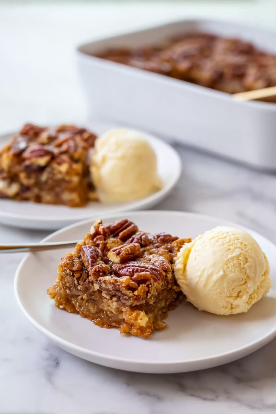 The image shows two servings of a dessert on white plates set on a white marbled surface. Each serving has two main layers: a square piece of pecan dessert with a crumbly, nutty texture and a rich brown color on top, and a scoop of creamy pale yellow ice cream beside it. In the background, there is a white baking dish with more pecan dessert inside, slightly blurred. The overall look is warm and inviting, showing contrast between the rough texture of the dessert and the smooth ice cream. Photo taken with an iphone --ar 2:3 --v 7 - Pumpkin Dump Cake with Pecans, easy pumpkin dessert, fall cake recipes, quick pumpkin cake, pecan dessert recipes