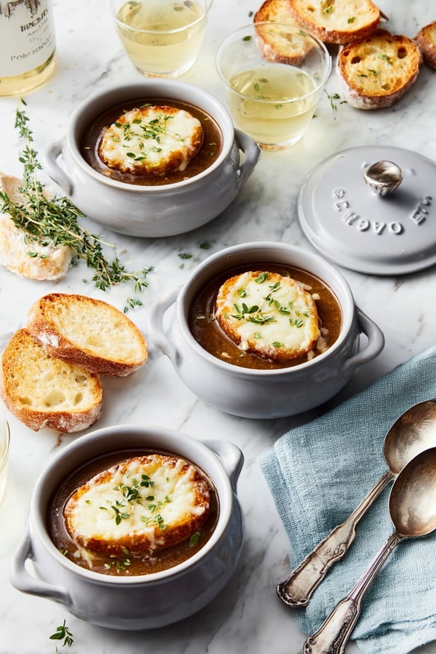 The image shows three white small round ceramic pots filled with a thick brown soup, each topped with a round toasted slice of bread covered by melted cheese and garnished with green herb sprigs. The pots are placed on a white marbled surface with two pot lids nearby, one opened and one closed. Around the pots, there are several slices of toasted bread, two clear glasses filled with a light yellow drink, two silver spoons, and a light blue cloth napkin. The scene is bright and clean, with a casual yet elegant feel. Photo taken with an iphone --ar 2:3 --v 7 - French Onion Soup, classic French onion soup, homemade French onion soup, caramelized onion soup, cheesy French onion soup