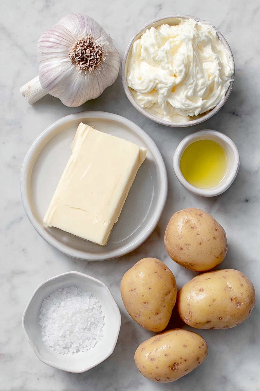 Flat lay of a whole unpeeled head of garlic with exposed cloves, a few golden Yukon Gold potatoes whole and uncut, a small white ceramic bowl of rich golden butter, a small white ceramic bowl of smooth heavy cream, a small white ceramic bowl with a drizzle of extra virgin olive oil, and a small white ceramic bowl of coarse sea salt, all arranged symmetrically on a clean white marble surface, soft natural light, photo taken with an iPhone, professional food photography style, fresh ingredients, white ceramic bowls, no bottles, no duplicates, no utensils, no packaging --ar 2:3 --v 7 --p m7354615311229779997 - Garlic Mashed Potatoes, creamy garlic mashed potatoes, roasted garlic mashed potatoes, easy mashed potato side dish, best garlic mashed potatoes