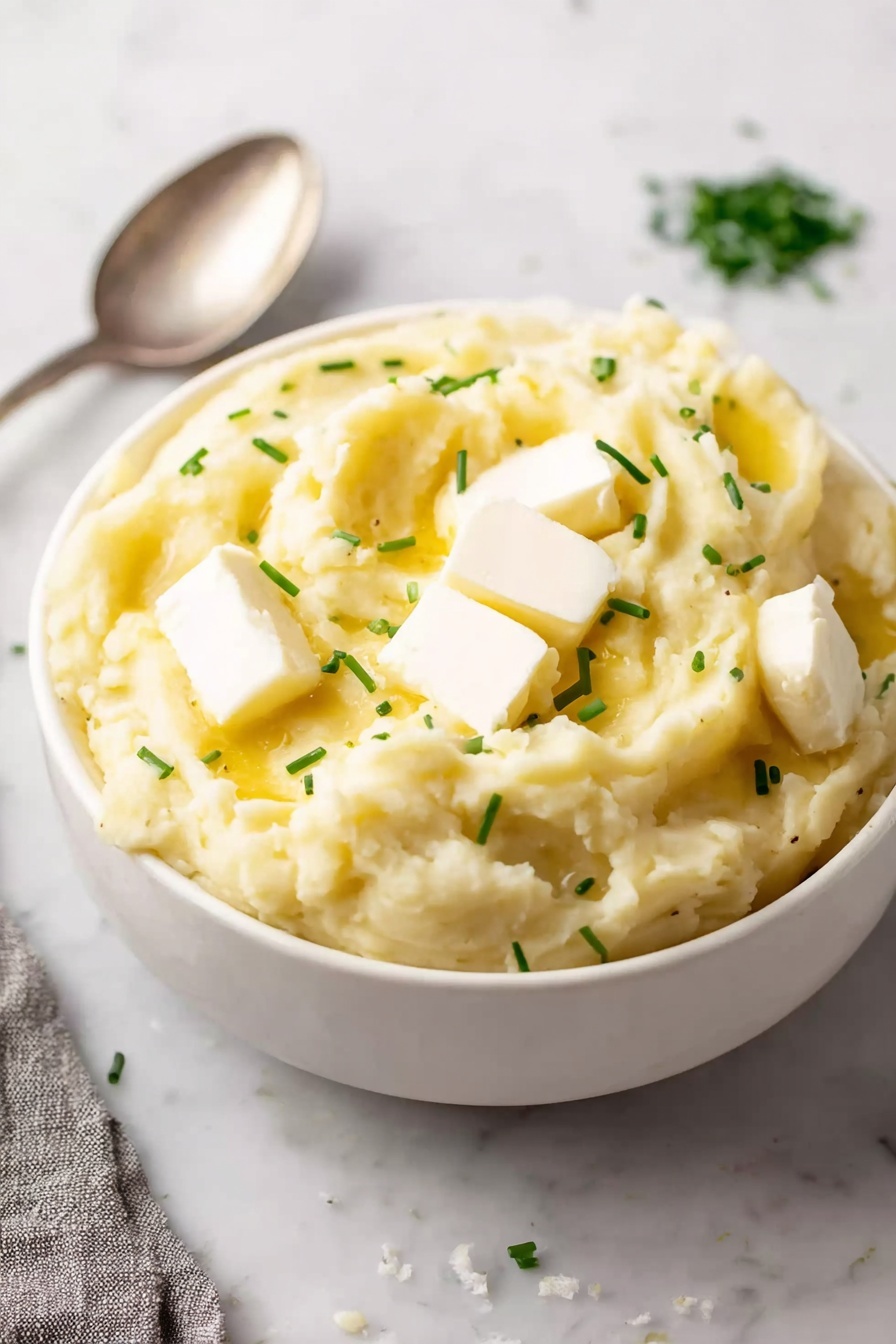 A white bowl filled with creamy mashed potatoes that have a light yellow color, topped with a small melting piece of butter in the center. Bright green chopped chives are sprinkled on top, and some black pepper dots are scattered across the surface. A silver spoon rests inside the bowl on the right side. The bowl is placed on a white marbled surface with some garlic cloves and a white cloth nearby. photo taken with an iphone --ar 2:3 --v 7 - Garlic Mashed Potatoes, creamy garlic mashed potatoes, roasted garlic mashed potatoes, easy mashed potato side dish, best garlic mashed potatoes