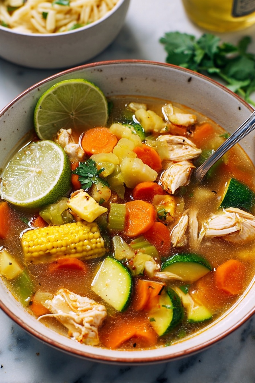 The image shows two white bowls filled with chicken soup placed on a white marbled surface. Each bowl has a rich broth with visible chunks of shredded chicken, bright orange carrot slices, green zucchini pieces, and a small yellow corn cob segment floating on top. On one bowl, a lime wedge is placed on the edge, garnished with sprigs of fresh parsley. A metal spoon rests inside the other bowl. To the left side on the surface, there is a small white bowl filled with reddish-orange rice and a whole lime halved beside it. A bottle of hot sauce with a red cap and colorful label sits nearby, along with additional lime wedges and parsley stems scattered around. photo taken with an iphone --ar 2:3 --v 7 - Caldo de Pollo Chicken Soup, Mexican Chicken Soup, Homemade Chicken Soup, Traditional Mexican Broth, Comforting Chicken Soup