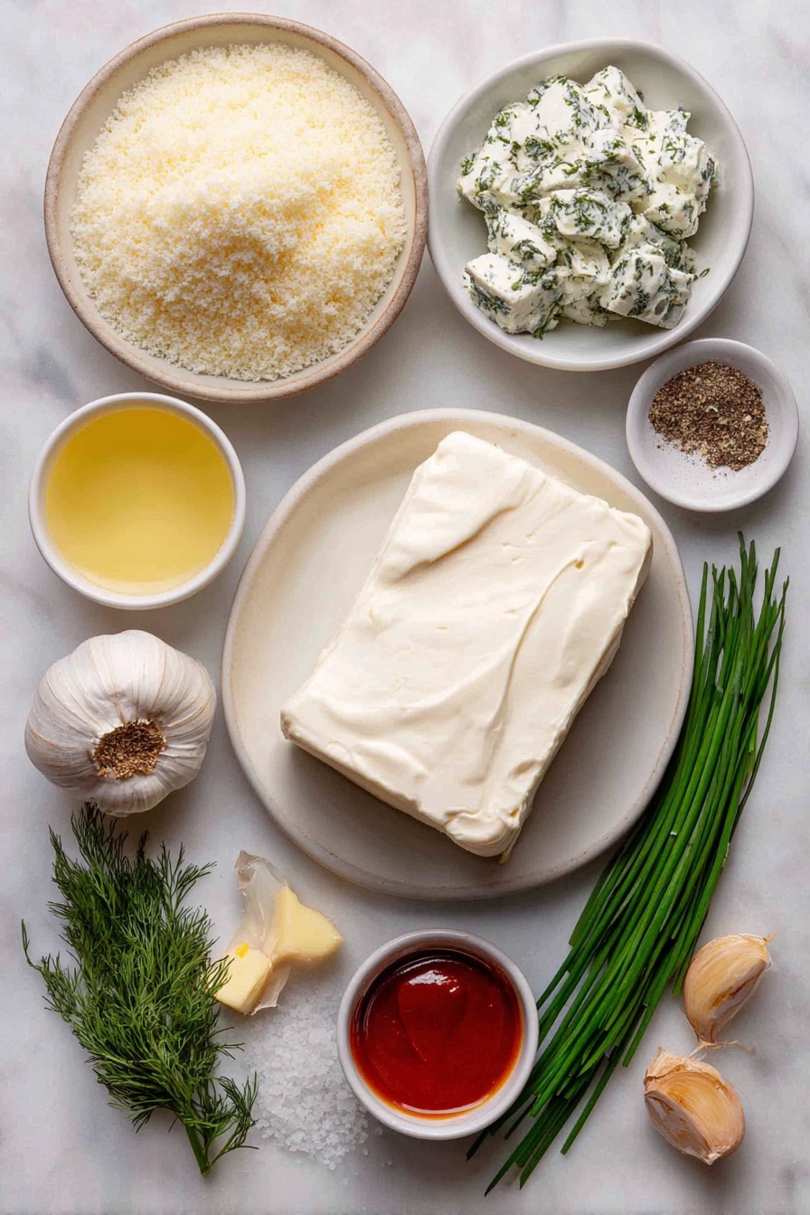 Flat lay of panko bread crumbs in a small white ceramic bowl, a pat of natural butter, a mound of smooth sour cream on a white plate, a piece of softened cream cheese on a simple white dish, ranch seasoning herbs sprinkled loosely on white ceramic, a small white bowl with pale yellow lemon juice, a small white bowl with clear dill pickle juice, chopped dill pickles arranged neatly on a white plate, two whole garlic cloves with papery skin intact, fresh green chives and dill sprigs on a white rectangular dish, salt and pepper grains scattered artistically in tiny piles on the white surface, a few drops of bright red hot sauce in a small white ceramic bowl placed symmetrically, placed on a clean white marble surface, soft natural light, photo taken with an iPhone, professional food photography style, fresh ingredients, white ceramic bowls, no bottles, no duplicates, no utensils, no packaging --ar 2:3 --v 7 --p m7354615311229779997 - Fried Pickle Dip, easy fried pickle dip, creamy pickle appetizer, crunchy pickle dip, crowd-pleasing dip recipes