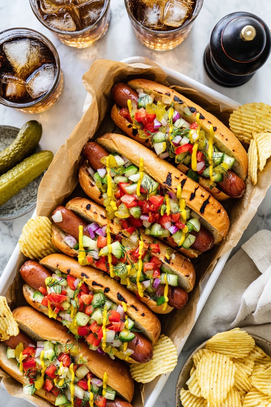 Several grilled hot dogs are arranged in a white tray lined with brown paper. Each hot dog is placed in a light golden toasted bun with grill marks visible on the sides. The hot dogs are topped with colorful diced vegetables including red, green, and yellow bell peppers, cucumber, and red onions. Mustard is drizzled lightly on most of the hot dogs. The tray also contains some ridged potato chips scattered around the hot dogs. On the white marbled surface next to the tray, two whole pickles and a glass of cola with ice cubes are visible, along with a dark pepper grinder and a beige cloth napkin. Photo taken with an iphone --ar 2:3 --v 7 - Pickle de Gallo, pickle de gallo recipe, tangy pico de gallo, quick pickle salsa, refreshing condiment