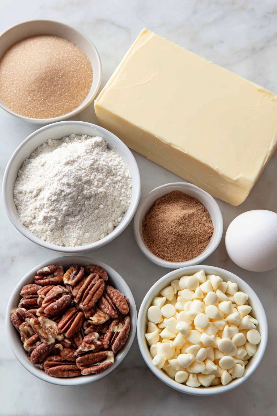 Flat lay of a small mound of granulated white sugar, a small white ceramic bowl filled with creamy orange pumpkin purée, a whole unwrapped slab of pale yellow unsalted butter, a small white ceramic bowl of smooth light brown pumpkin pie spice powder, a small white ceramic bowl with glossy white mini marshmallows, a small white ceramic bowl of finely chopped light brown pecans, a small white ceramic bowl holding thick creamy evaporated milk, an uncracked whole white egg, and a small white ceramic bowl filled with smooth white chocolate chips, all arranged in symmetrical balance with perfect natural lighting, placed on a clean white marble surface, soft natural light, photo taken with an iPhone, professional food photography style, fresh ingredients, white ceramic bowls, no bottles, no duplicates, no utensils, no packaging --ar 2:3 --v 7 --p m7354615311229779997 - Pumpkin White Chocolate Fudge, Pumpkin White Chocolate Fudge Recipe, Fall Pumpkin Fudge, Easy Pumpkin Fudge, White Chocolate Pumpkin Treats