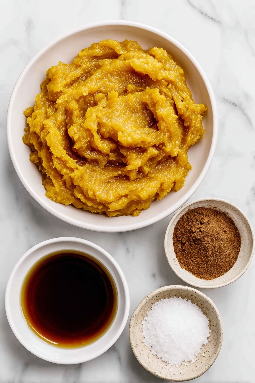 Flat lay of two small white ceramic bowls, one filled with bright orange pumpkin puree, the other containing amber maple syrup, a small white bowl of golden apple cider, a small white bowl holding a dark brown cinnamon powder, a small white bowl with warm brown pumpkin pie spice, and a small white bowl with coarse kosher salt, all arranged in perfect symmetry on a clean white marble surface, soft natural light, photo taken with an iPhone, professional food photography style, fresh ingredients, white ceramic bowls, no bottles, no duplicates, no utensils, no packaging --ar 2:3 --v 7 --p m7354615311229779997 - Spiced Pumpkin Butter, Pumpkin Butter Recipe, Fall Pumpkin Spread, Homemade Pumpkin Spread, Cozy Pumpkin Flavored Spread
