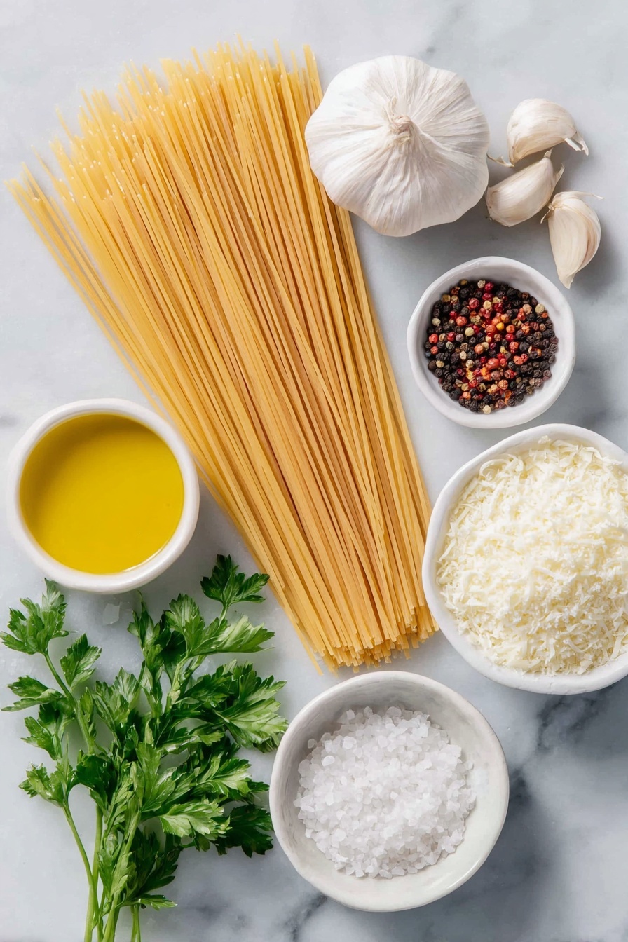 Flat lay of a small pile of uncooked spaghetti strands neatly arranged, a whole bulb of garlic with some cloves peeled and thinly sliced, a few whole black peppercorns and some crushed red pepper flakes scattered gently, a small white bowl filled with golden olive oil, a small white bowl with finely grated Parmesan cheese, a few fresh sprigs of vibrant Italian parsley, a small white bowl containing freshly squeezed lemon juice, a small white bowl with clear pasta water, and a small pile of coarse sea salt crystals all placed symmetrically on a clean white marble surface, soft natural light, photo taken with an iPhone, professional food photography style, fresh ingredients, white ceramic bowls, no bottles, no duplicates, no utensils, no packaging --ar 2:3 --v 7 --p m7354615311229779997 - Garlic Infused Spaghetti Aglio e Olio, garlic pasta recipe, easy Italian pasta, quick garlic spaghetti, flavorful garlic pasta dish