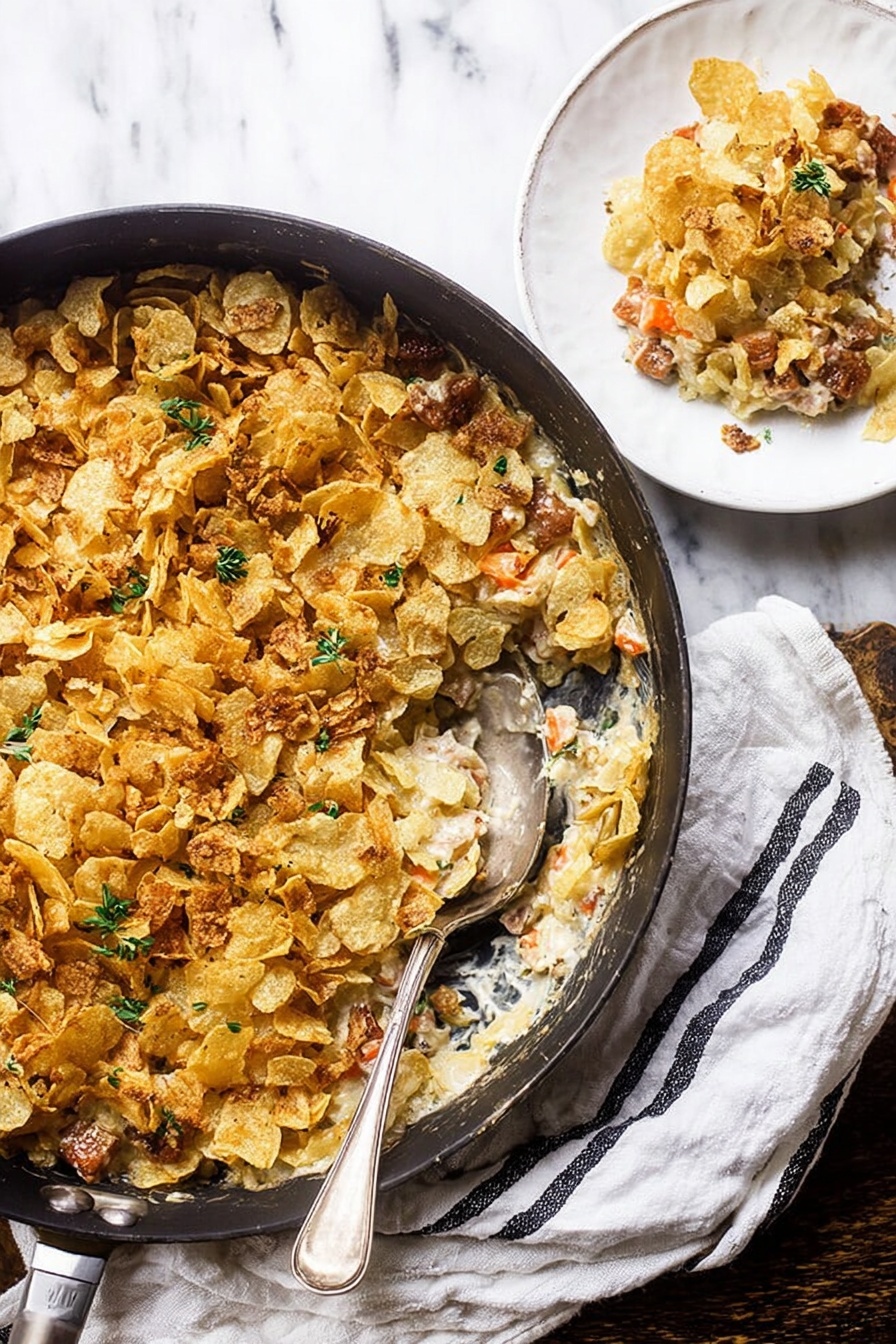 A black round pan filled with a layered dish that has a top layer made of crunched golden-yellow potato chips scattered unevenly, with small green herb sprigs spread on top. Underneath the chips, there are pieces of browned meat and soft cooked vegetables like light orange carrots, creating a mixed texture of crispy and soft elements. A large silver spoon rests inside the pan, showing some of the filling. Next to the pan on a white marbled surface, there is a clear glass with light-colored liquid. photo taken with an iphone --ar 2:3 --v 7 - Homemade Chicken Noodle Casserole, chicken noodle casserole, comforting chicken casserole, easy chicken noodle bake, creamy chicken pasta casserole
