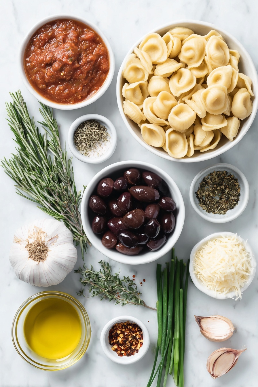 Flat lay of fresh uncooked orecchiette pasta, a small white ceramic bowl of rinsed chickpeas, a small white ceramic bowl of pitted Kalamata olives, a small white ceramic bowl with vibrant red tomato paste, two whole garlic cloves with skins, two fresh rosemary sprigs, a small white ceramic bowl with red pepper flakes, a small white ceramic bowl of coarse kosher salt, a small white ceramic bowl of cracked black pepper, a small white ceramic bowl of golden olive oil, a small white ceramic bowl of grated Parmesan cheese, a small handful of fresh baby arugula leaves, a small white ceramic bowl of halved cherry tomatoes, and a few fresh chive stalks arranged with perfect symmetry, all placed on a clean white marble surface, soft natural light, photo taken with an iPhone, professional food photography style, fresh ingredients, white ceramic bowls, no bottles, no duplicates, no utensils, no packaging --ar 2:3 --v 7 --p m7354615311229779997 - One Pan Orecchiette with Chickpeas and Tomatoes, quick vegetarian pasta, easy chickpea pasta recipe, healthy one-pan pasta, flavorful tomato and chickpea dish