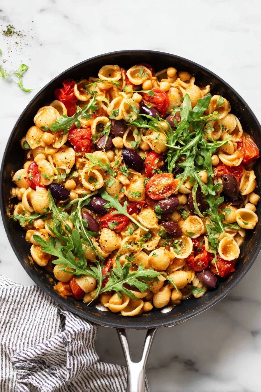 A black pan filled with a colorful pasta dish, showing around three layers: the base layer is small shell pasta in a light orange sauce, mixed with dark purple olives scattered around; the middle layer has bright red halved cherry tomatoes and pale yellow chickpeas spread evenly; the top layer features fresh green arugula leaves scattered loosely over the dish, with a light sprinkle of herbs or seasoning on top, all set on a white marbled surface with a striped cloth nearby photo taken with an iphone --ar 2:3 --v 7 - One Pan Orecchiette with Chickpeas and Tomatoes, quick vegetarian pasta, easy chickpea pasta recipe, healthy one-pan pasta, flavorful tomato and chickpea dish