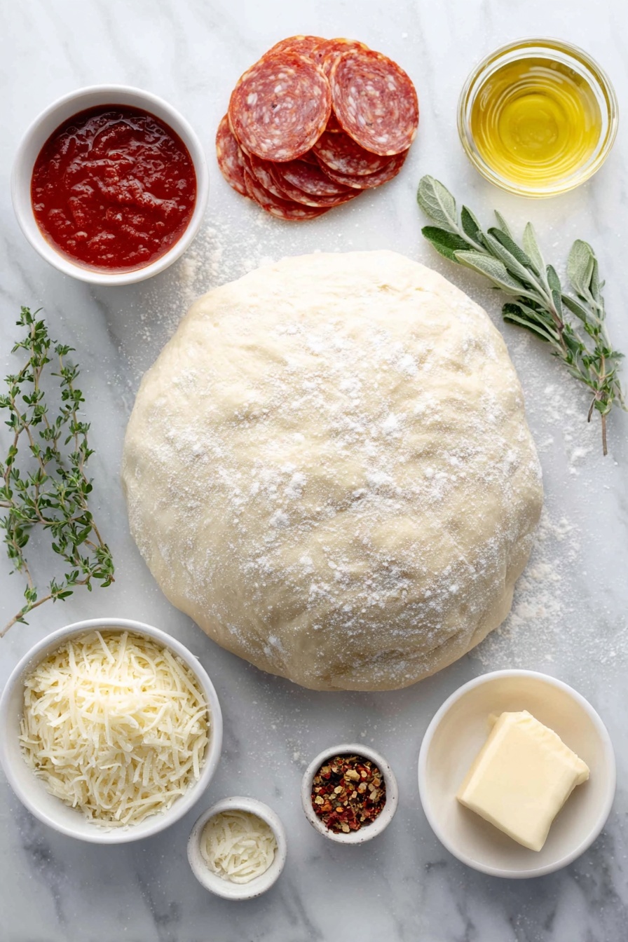 Flat lay of fresh round ball of pizza dough dusted lightly with flour, a small white ceramic bowl of rich red tomato sauce, a small white bowl with golden olive oil, a neat stack of thin round pepperoni slices, a small white bowl filled with grated mozzarella cheese, a few sprigs of fresh green oregano, a small white bowl containing soft golden honey, a small white bowl with pale softened butter, a small white bowl of coarse ground black pepper, a small white bowl with red pepper flakes, placed on a clean white marble surface, soft natural light, photo taken with an iPhone, professional food photography style, fresh ingredients, white ceramic bowls, no bottles, no duplicates, no utensils, no packaging --ar 2:3 --v 7 --p m7354615311229779997 - Homemade Pepperoni Pizza, homemade pizza recipe, easy pepperoni pizza, quick pizza dough, best homemade pizza