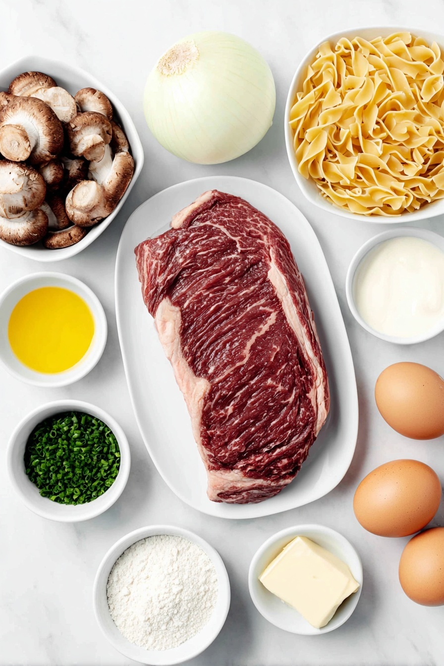 Flat lay of a fresh whole boneless rib eye steak, a large sliced yellow onion, a small pile of thick-sliced brown mushrooms, a few pats of golden butter on a white ceramic plate, a small mound of plain white flour on a white ceramic dish, a small white bowl filled with rich beef broth, a small white bowl of smooth sour cream, a small white bowl containing golden vegetable oil, a small white bowl with bright yellow Dijon mustard, two whole brown eggs with uncracked clean shells, a portion of uncooked short egg noodles neatly arranged, and a small pile of finely chopped fresh green chives, all arranged in perfect symmetry on a simple white ceramic surface, placed on a clean white marble surface, soft natural light, photo taken with an iPhone, professional food photography style, fresh ingredients, white ceramic bowls, no bottles, no duplicates, no utensils, no packaging --ar 2:3 --v 7 --p m7354615311229779997 - Quick Beef Stroganoff, easy beef stroganoff, creamy beef stroganoff, weeknight beef dinner, tender beef mushroom sauce