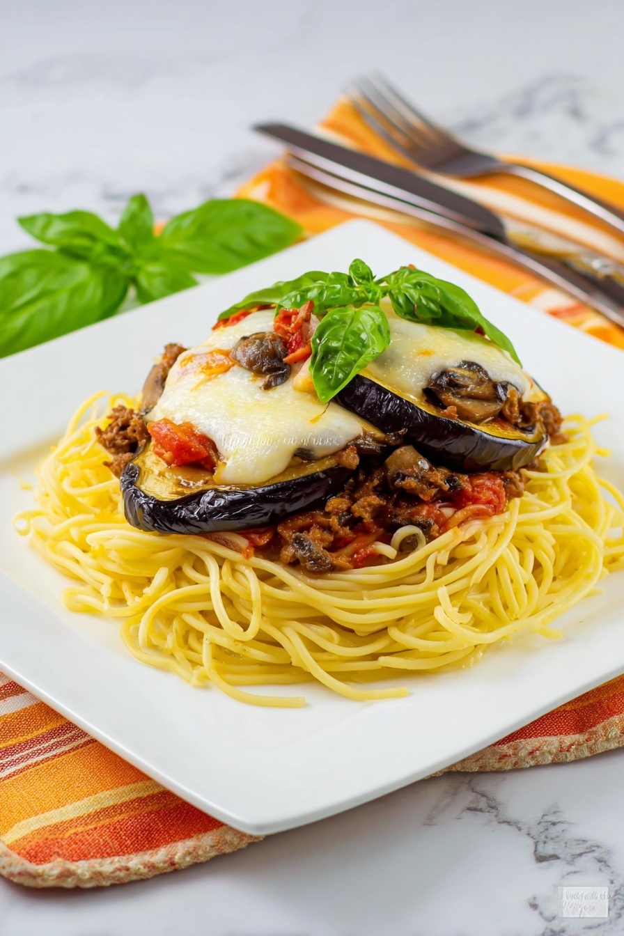 Eggplant Parmesan Spaghetti with Meat Sauce Recipe - Serving