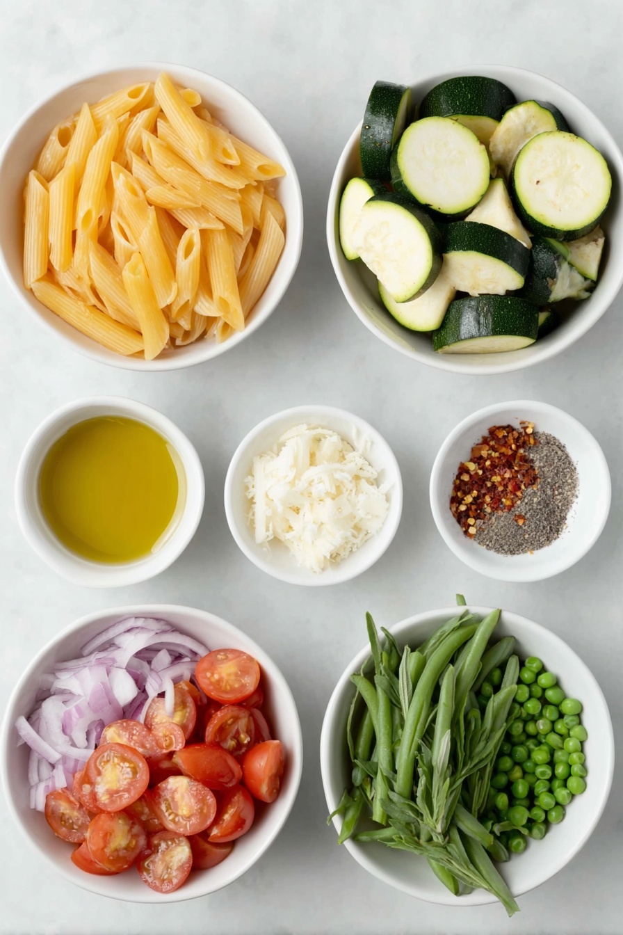 Flat lay of penne pasta arranged neatly, a small white bowl of extra-virgin olive oil, four whole uncracked garlic cloves, a few thin half-moons of yellow squash, thin half-moons of zucchini, chopped asparagus pieces about one inch long, a small white bowl filled with halved cherry tomatoes, thinly sliced red onion neatly fanned out, a small white bowl of sea salt, a small white bowl of thawed green peas, a small white bowl with grated pecorino cheese, a small white bowl of fresh lemon juice, a small white bowl with red pepper flakes, a small pile of fresh basil leaves, a small bunch of fresh tarragon sprigs, and a few grinds of freshly ground black pepper all arranged symmetrically on simple white ceramic dishes placed on a clean white marble surface, soft natural light, photo taken with an iPhone, professional food photography style, fresh ingredients, white ceramic bowls, no bottles, no duplicates, no utensils, no packaging --ar 2:3 --v 7 --p m7354615311229779997 - Creamy Vegetable Pasta Primavera, vegetable pasta recipes, easy creamy pasta, healthy veggie pasta, quick pasta dinner