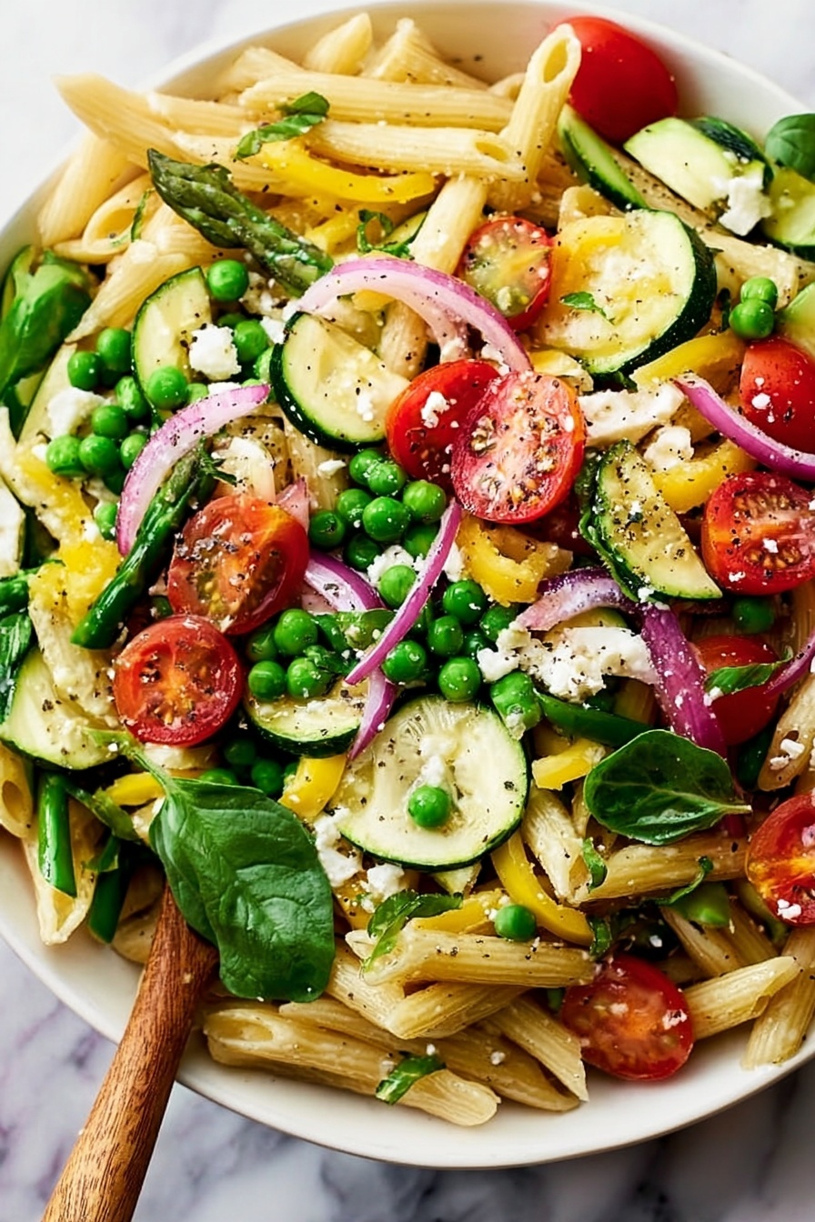 The image shows a white bowl filled with a colorful pasta salad. The salad has three main layers: the bottom layer with white penne pasta, the middle layer with bright green peas, asparagus, and fresh spinach leaves, and the top layer with halved red cherry tomatoes, thin slices of red onion, and yellow zucchini pieces. Small bits of white cheese and cracked black pepper are sprinkled on top. A wooden spoon is partly visible on the left side of the bowl, resting on the pasta. The bowl is placed on a white marbled surface. Photo taken with an iphone --ar 2:3 --v 7 - Creamy Vegetable Pasta Primavera, vegetable pasta recipes, easy creamy pasta, healthy veggie pasta, quick pasta dinner
