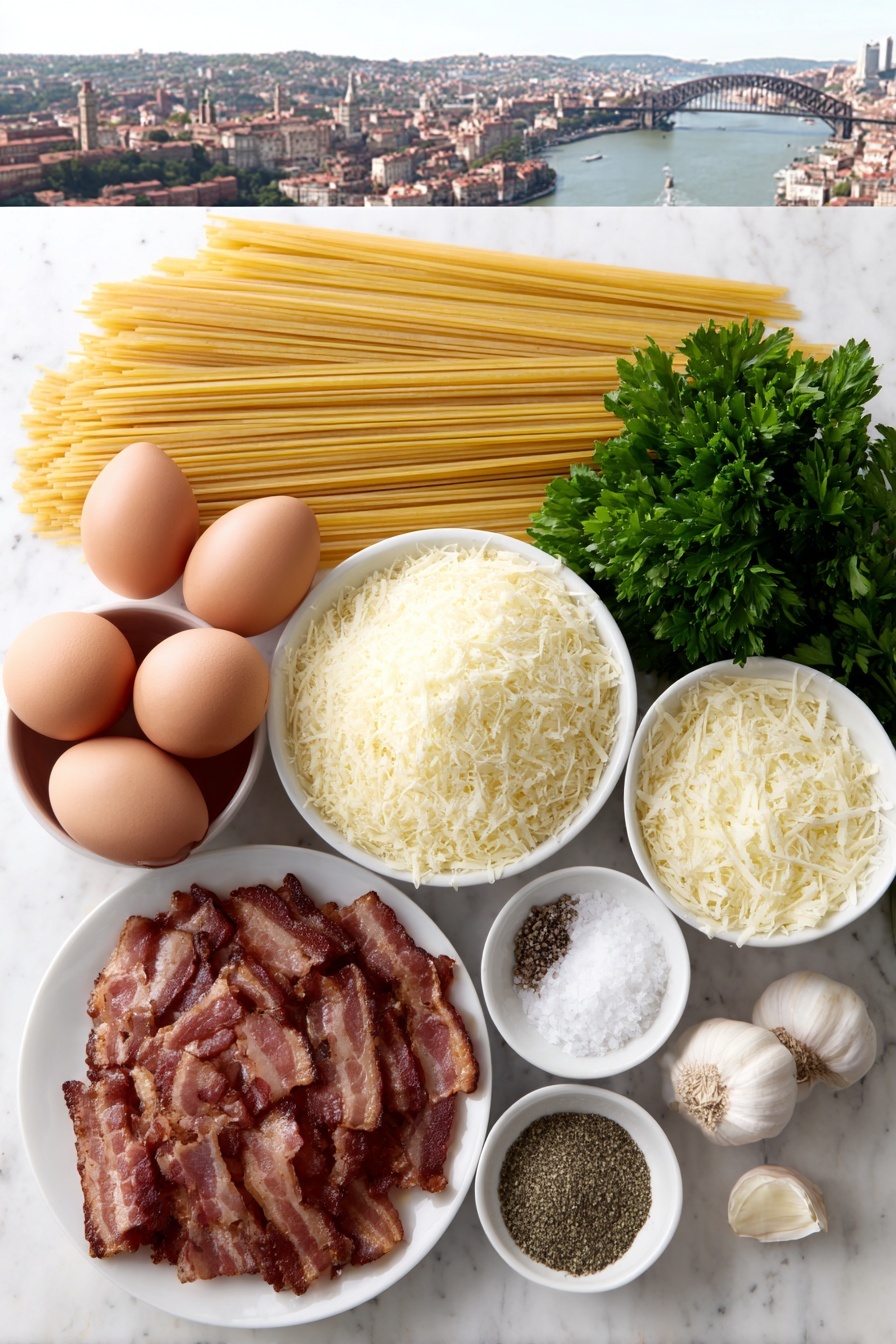 Flat lay of crispy brown bacon pieces, two peeled garlic cloves, a neat nest of raw spaghetti pasta, three whole brown eggs with clean shells, a small white bowl filled with grated Parmesan cheese, a small white bowl with freshly cracked black pepper, a small white bowl of salt crystals, and a small handful of fresh bright green parsley leaves, all arranged symmetrically on simple white ceramic dishes and bowls, placed on a clean white marble surface, soft natural light, photo taken with an iPhone, professional food photography style, fresh ingredients, white ceramic bowls, no bottles, no duplicates, no utensils, no packaging --ar 2:3 --v 7 --p m7354615311229779997 - Easy Spaghetti Carbonara, classic Roman pasta dish, simple Italian pasta recipe, quick dinner ideas, creamy carbonara sauce