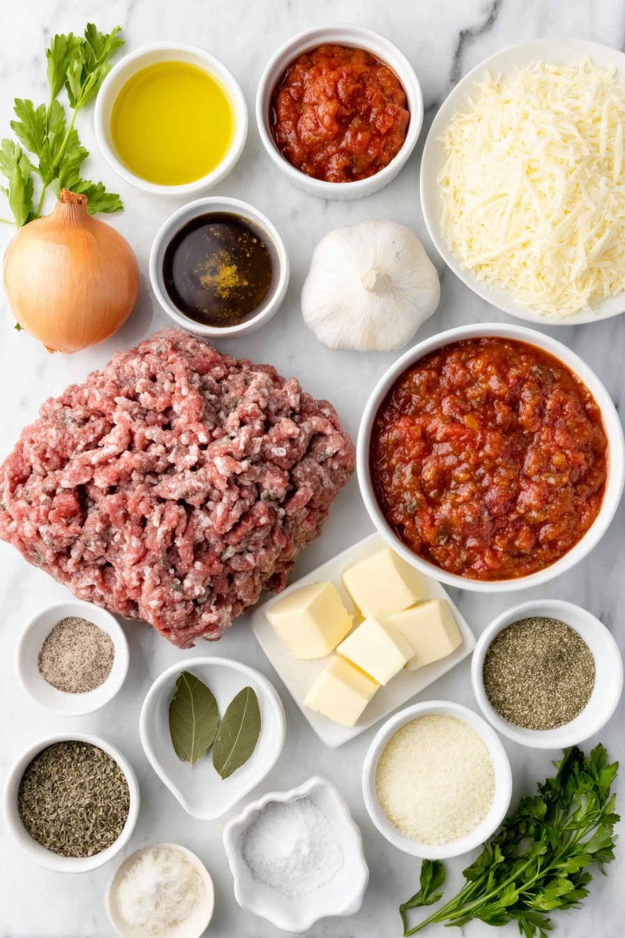 Flat lay of a small white ceramic bowl of golden olive oil, a whole uncracked brown onion, a medium peeled orange carrot diced finely, a single fresh celery stick diced finely, two whole uncracked garlic cloves, a mound of fresh ground beef, a small white ceramic bowl filled with crushed bright red tomatoes, a small white ceramic bowl of deep red tomato paste, a small white ceramic bowl of dark red Pinot Noir wine, three crumbled brown beef bouillon cubes, two fresh green bay leaves, a small white ceramic bowl holding dried thyme and oregano, a small white ceramic bowl with dark brown Worcestershire sauce, a few granules of white sugar, a small white ceramic bowl with coarse salt and black peppercorns, a chunk of pale yellow butter, a small white ceramic bowl of white flour, a small white ceramic bowl filled with fresh full cream milk, a pile of shredded pale yellow gruyere cheese, a small white ceramic bowl with ground nutmeg, a stack of fresh pale yellow lasagna sheets, a heap of shredded white mozzarella cheese, and a few sprigs of bright green basil and parsley placed on a clean white marble surface, soft natural light, photo taken with an iPhone, professional food photography style, fresh ingredients, white ceramic bowls, no bottles, no duplicates, no utensils, no packaging --ar 2:3 --v 7 --p m7354615311229779997 - Classic Beef Lasagna with Cheese Sauce, homemade beef lasagna, cheesy beef lasagna recipe, easy lasagna with cheese sauce, hearty Italian lasagna