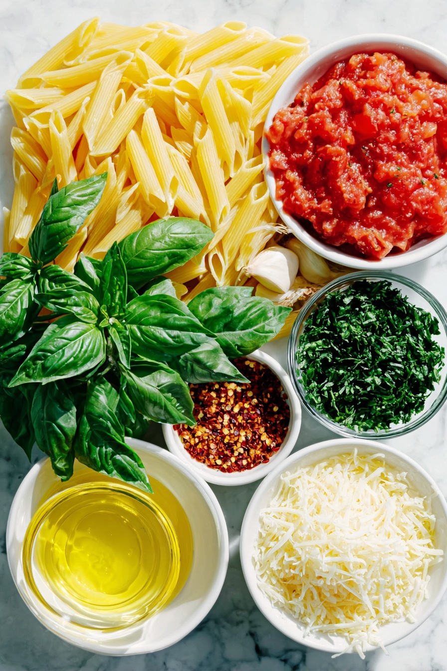 Flat lay of fresh uncooked penne rigate pasta, a small white bowl of golden olive oil, three whole uncracked garlic cloves, a small white bowl with bright red crushed red pepper flakes, a small white bowl filled with fresh chopped vibrant red tomatoes, a small white bowl of deep red tomato paste, six fresh green basil leaves, a small white bowl of finely grated pale yellow parmesan cheese, a small white bowl with freshly chopped bright green parsley leaves, all arranged in perfect symmetry on a clean white ceramic surface placed on a clean white marble surface, soft natural light, photo taken with an iPhone, professional food photography style, fresh ingredients, white ceramic bowls, no bottles, no duplicates, no utensils, no packaging --ar 2:3 --v 7 --p m7354615311229779997 - Spicy Penne Arrabbiata, Italian pasta with red pepper flakes, quick spicy pasta recipe, garlic tomato pasta, easy Penne Arrabbiata