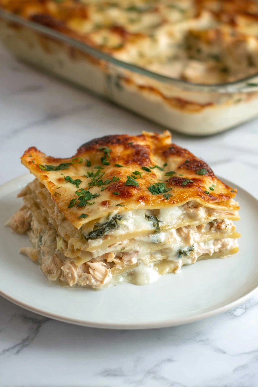 The image shows a glass baking dish filled with a lasagna that has several visible layers. The bottom layer is a red tomato sauce with some herbs, topped by a smooth creamy white cheese layer. Above that, there are pasta sheets with a beige color and wavy edges, followed by more tomato sauce and cheese layers. The top layer is golden brown melted cheese sprinkled with small green parsley pieces. The dish rests on a white marbled surface with a dark blue striped cloth in the background and a white pot with green plants nearby. Photo taken with an iphone --ar 2:3 --v 7 - Chicken Alfredo Lasagna, creamy chicken lasagna, cheesy Alfredo lasagna, baked chicken pasta, easy comfort food recipe