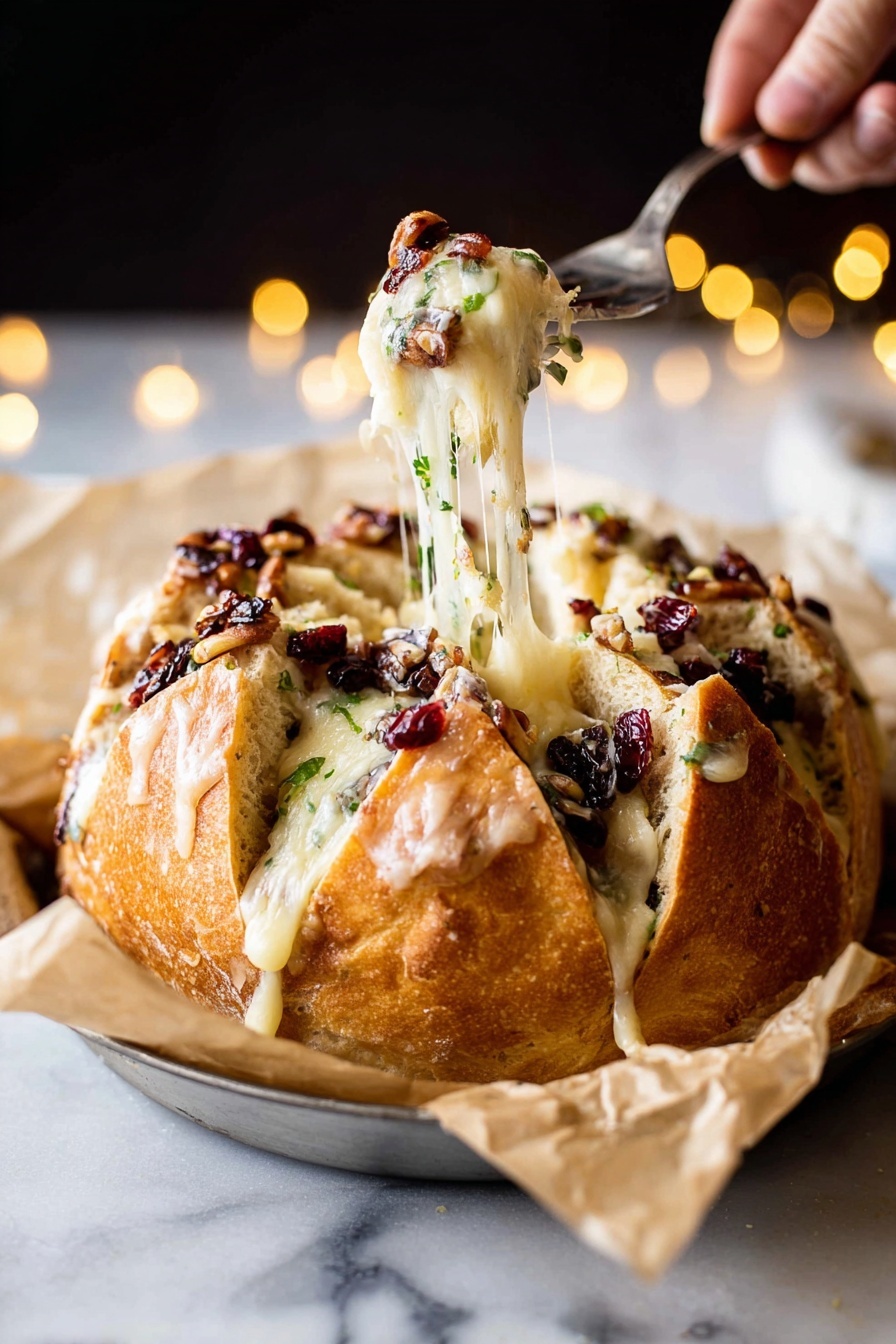 A round bread loaf is placed on crumpled parchment paper in a pan, with the top cut in a star shape showing its soft inside. The bread is golden brown and topped with small pieces of dark red dried fruit and nuts scattered on the surface. Inside the bread, cream-colored melted cheese stretches out as a fork lifts a section, showing gooey layers with small bits of green herbs mixed in. A woman's hand holds the fork from the right side. The background is dark with soft yellow lights, while the whole scene sits on a white marbled surface. photo taken with an iphone --ar 2:3 --v 7 - Cranberry Brie Pull Apart Bread, easy holiday bread, stuffed bread recipes, cheesy cranberry bread, festive appetizer ideas