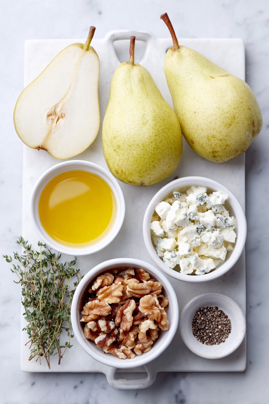 Flat lay of two ripe but firm pears halved lengthwise, a small white bowl of crumbled blue cheese, a small white bowl of chopped walnuts, a few sprigs of fresh thyme leaves, a small white bowl of golden honey, a small white bowl of olive oil, a small pile of freshly ground black pepper placed on a clean white marble surface, soft natural light, photo taken with an iPhone, professional food photography style, fresh ingredients, white ceramic bowls, no bottles, no duplicates, no utensils, no packaging --ar 2:3 --v 7 --p m7354615311229779997 - Blue Cheese Stuffed Pears, elegant appetizer, easy pear appetizer, quick blue cheese appetizer, gourmet pear snack