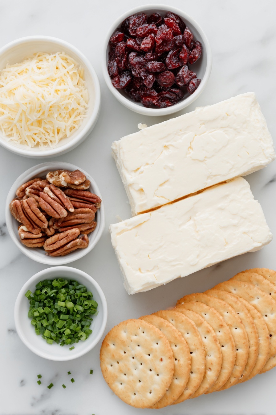 Flat lay of two rectangular blocks of creamy white cream cheese, a small pile of shredded white cheddar cheese, a small white bowl filled with bright red dried cranberries, a small white bowl of whole pecan halves and pieces, a small white bowl containing finely chopped fresh green chives, and a neat stack of golden brown round crackers arranged symmetrically, all placed on a clean white marble surface, soft natural light, photo taken with an iPhone, professional food photography style, fresh ingredients, white ceramic bowls, no bottles, no duplicates, no utensils, no packaging --ar 2:3 --v 7 --p m7354615311229779997 - Cranberry Pecan Cheese Ball, Cranberry Pecan Cheese Ball appetizer, holiday cheese ball recipe, easy cheese ball for parties, festive cheese ball ideas