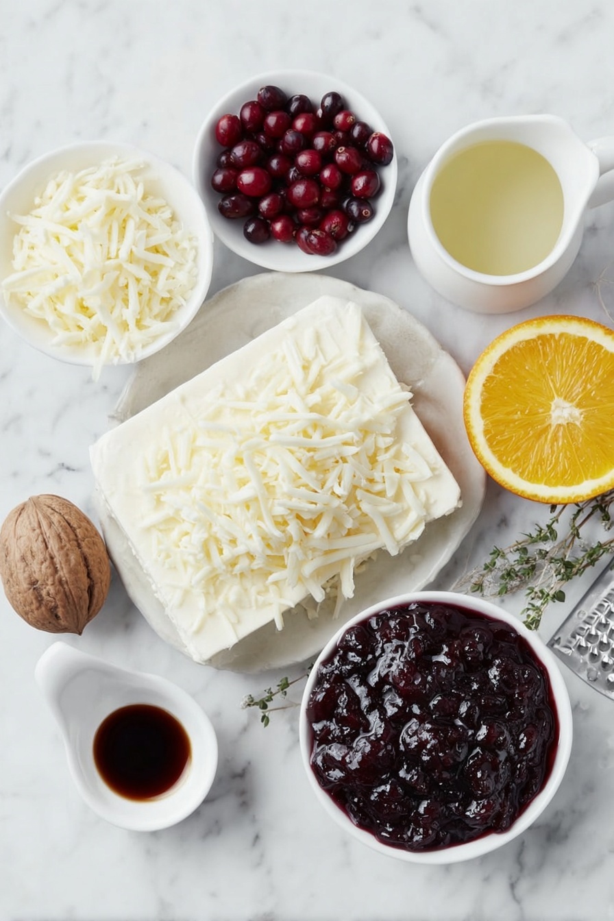 Flat lay of a block of creamy full-fat cream cheese, a small mound of shredded extra-sharp cheddar cheese, a handful of fresh bright red cranberries, a small white ceramic bowl filled with deep red homemade cranberry sauce, a small white bowl holding golden orange fresh squeezed orange juice, a quarter of a vibrant naval orange, a small bowl with fresh lemon juice, a small white bowl with clear water, and a fresh whole nutmeg fruit placed next to a nutmeg grater, all arranged with perfect symmetry on a clean white marble surface, soft natural light, photo taken with an iPhone, professional food photography style, fresh ingredients, white ceramic bowls, no bottles, no duplicates, no utensils, no packaging --ar 2:3 --v 7 --p m7354615311229779997 - Baked Cranberry Cream Cheese Dip, cranberry appetizer, holiday dip recipes, cream cheese dip,Easy festive appetizers