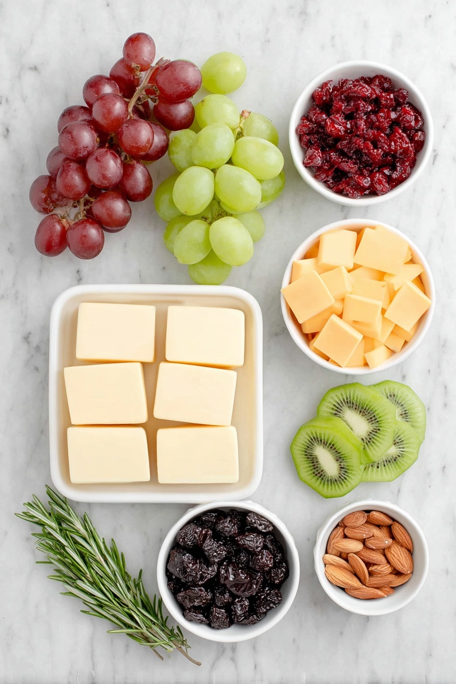 Flat lay of fresh rosemary sprigs arranged in a loose bundle, a whole celery stalk with crisp leaves, small clusters of red seedless grapes, green seedless grapes, and black seedless grapes, sharp cheddar cheese cut into neat squares, Monterey Jack cheese cut into matching squares, mild cheddar cheese cut into matching squares, bright red fresh cranberries in a small white ceramic bowl, thin star fruit slices arranged in a small pile, assorted mixed nuts including almonds in a small white ceramic bowl, and vibrant green kiwi fruit slices neatly fanned out on a simple white ceramic plate, all placed on a clean white marble surface, soft natural light, photo taken with an iPhone, professional food photography style, fresh ingredients, white ceramic bowls, no bottles, no duplicates, no utensils, no packaging --ar 2:3 --v 7 --p m7354615311229779997 - Christmas Tree Charcuterie Board, holiday charcuterie board, festive cheese and meat platter, Christmas party appetizer, holiday party decor