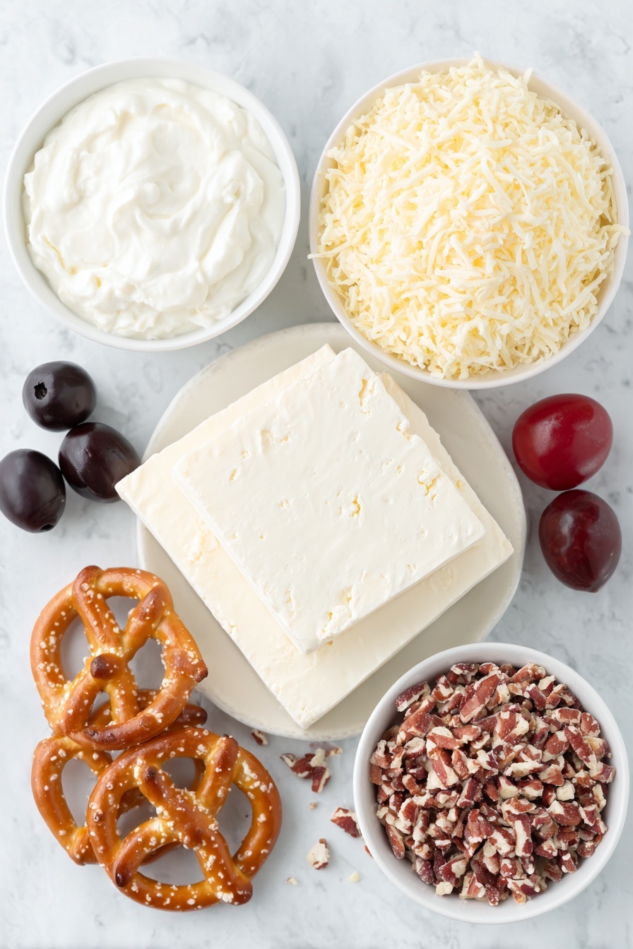 Flat lay of two blocks of cream cheese, a small white bowl with sour cream, a mound of shredded medium cheddar cheese, a small white bowl containing ranch seasoning powder, a pile of roughly chopped pecans, two whole uncracked black olives, one fresh cherry tomato, and two regular-sized pretzels arranged symmetrically on simple white ceramic bowls and plates, placed on a clean white marble surface, soft natural light, photo taken with an iPhone, professional food photography style, fresh ingredients, white ceramic bowls, no bottles, no duplicates, no utensils, no packaging --ar 2:3 --v 7 --p m7354615311229779997 - Reindeer Cheese Ball, festive cheese ball, holiday appetizer, Christmas cheese ball, easy holiday snack