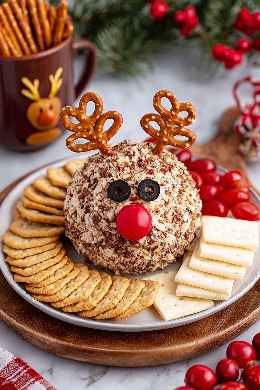 A round ball-shaped cheese covered with chopped nuts sits in the center of a large white plate with a white marbled texture visible at the edges. Two pretzels are stuck into the top back of the cheese ball to look like antlers, both golden brown with salt specks. Two black olives are placed on the front of the cheese ball to form eyes, and a small bright red cherry tomato is placed below the eyes as a nose. The cheese ball is surrounded by a neat circle of two types of crackers: thin round crackers with visible seeds at the front and square crackers at the back. In the blurred background, there is a white bowl filled with black olives and a green Christmas tree decoration with white snowflake patterns. The whole scene has a festive holiday feeling. Photo taken with an iphone --ar 2:3 --v 7 - Reindeer Cheese Ball, festive cheese ball, holiday appetizer, Christmas cheese ball, easy holiday snack