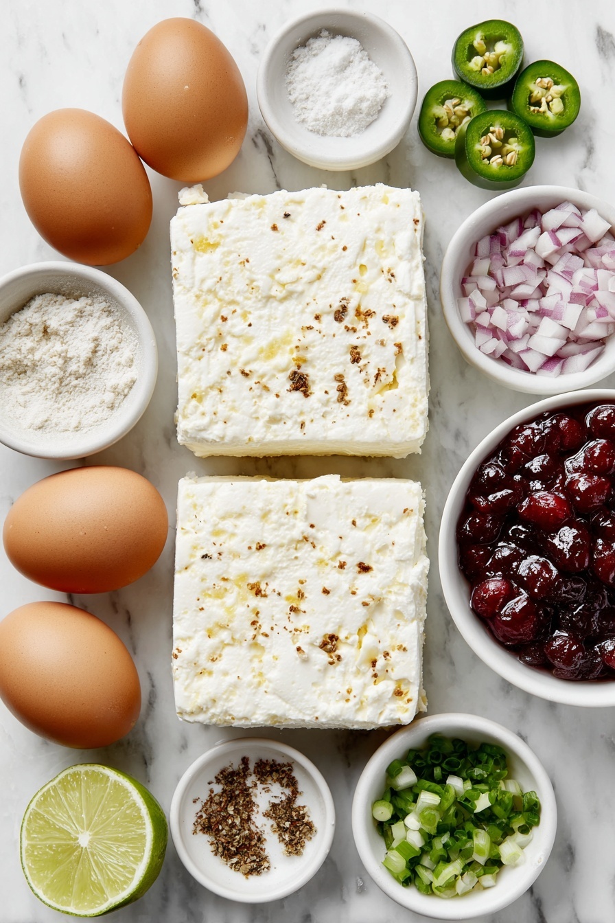 Flat lay of two blocks of fresh creamy white cream cheese, two bright green jalapeños sliced with seeds removed, a small white ceramic bowl of finely diced vibrant red onion, a small white ceramic bowl of fine garlic powder, a whole fresh lime halved showing juicy pulp, a small white ceramic bowl of finely chopped bright green onions, a small white ceramic bowl filled with glossy whole cranberry sauce with plump red berries, and two whole uncracked brown eggs placed symmetrically, all ingredients arranged with perfect balance and symmetry on a clean white marble surface, soft natural light, photo taken with an iPhone, professional food photography style, fresh ingredients, white ceramic bowls, no bottles, no duplicates, no utensils, no packaging --ar 2:3 --v 7 --p m7354615311229779997 - Cranberry Jalapeno Dip, spicy cranberry dip, holiday appetizer ideas, easy dip recipes, sweet and spicy dip