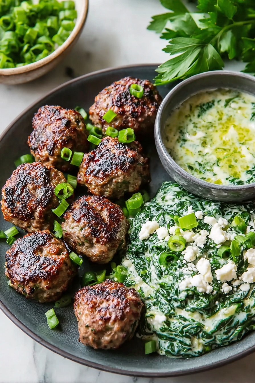 The image shows a dark gray plate with seven browned meatballs placed on the left side. On the right side of the plate, there is a creamy spinach mixture topped with chopped green onions and small white crumbles, likely cheese. Behind the plate, there is a small gray bowl filled with a greenish sauce that includes white chunks. Fresh green parsley leaves are visible in the background. The surface under the plate is a white marbled texture. photo taken with an iphone --ar 2:3 --v 7 - Spicy Lamb Meatballs with Green Herb Dip, lamb meatball recipes, spicy lamb dishes, green herb dip ideas, flavorful lamb appetizer