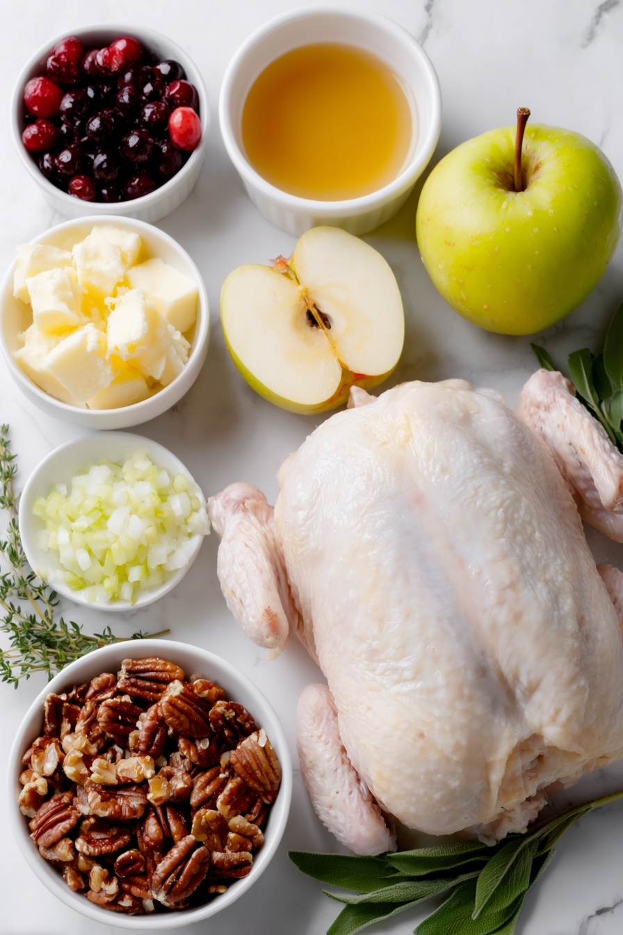 Flat lay of a whole Cornish hen with smooth pale skin, a small pile of long grain and wild cooked rice in a simple white ceramic bowl, a half peeled and diced Fuji apple showing crisp white flesh, a small handful of sweetened dried cranberries, a few sprigs of fresh flat-leaf parsley, a few sprigs of fresh sage, a few sprigs of fresh thyme, a small mound of chopped onion, a small mound of chopped celery, a small pile of coarsely chopped pecans, a small white bowl of melted unsalted butter, a small white bowl with amber maple syrup, a small white bowl with light golden apple cider, a small white bowl holding smooth Dijon mustard, and a small white bowl with ground cinnamon powder, all arranged in perfect symmetry on a clean white marble surface, soft natural light, photo taken with an iPhone, professional food photography style, fresh ingredients, white ceramic bowls, no bottles, no duplicates, no utensils, no packaging --ar 2:3 --v 7 --p m7354615311229779997 - Cornish Hens with Apple Cranberry Stuffing, apple cranberry stuffing recipe, holiday Cornish hens, fall dinner ideas, easy poultry recipes