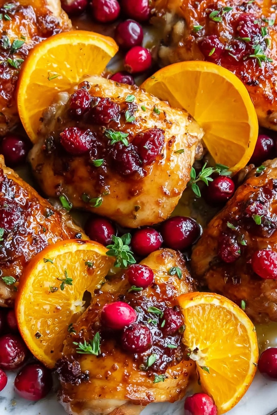 This image shows a close-up of four golden brown cooked chicken pieces arranged closely together. Each piece is glazed with a shiny sauce that has small red berry bits on top. Bright orange slices are tucked between the chicken pieces, adding a fresh look with their juicy texture and vibrant orange color. Whole red cranberries are scattered around the chicken and orange slices, adding pops of deep red. Small green herb leaves are sprinkled over the dish, giving it a fresh touch. The background is a white marbled texture. photo taken with an iphone --ar 2:3 --v 7 - Cranberry Orange Chicken, easy cranberry chicken recipe, festive chicken dinner, quick citrus chicken, healthy cranberry chicken