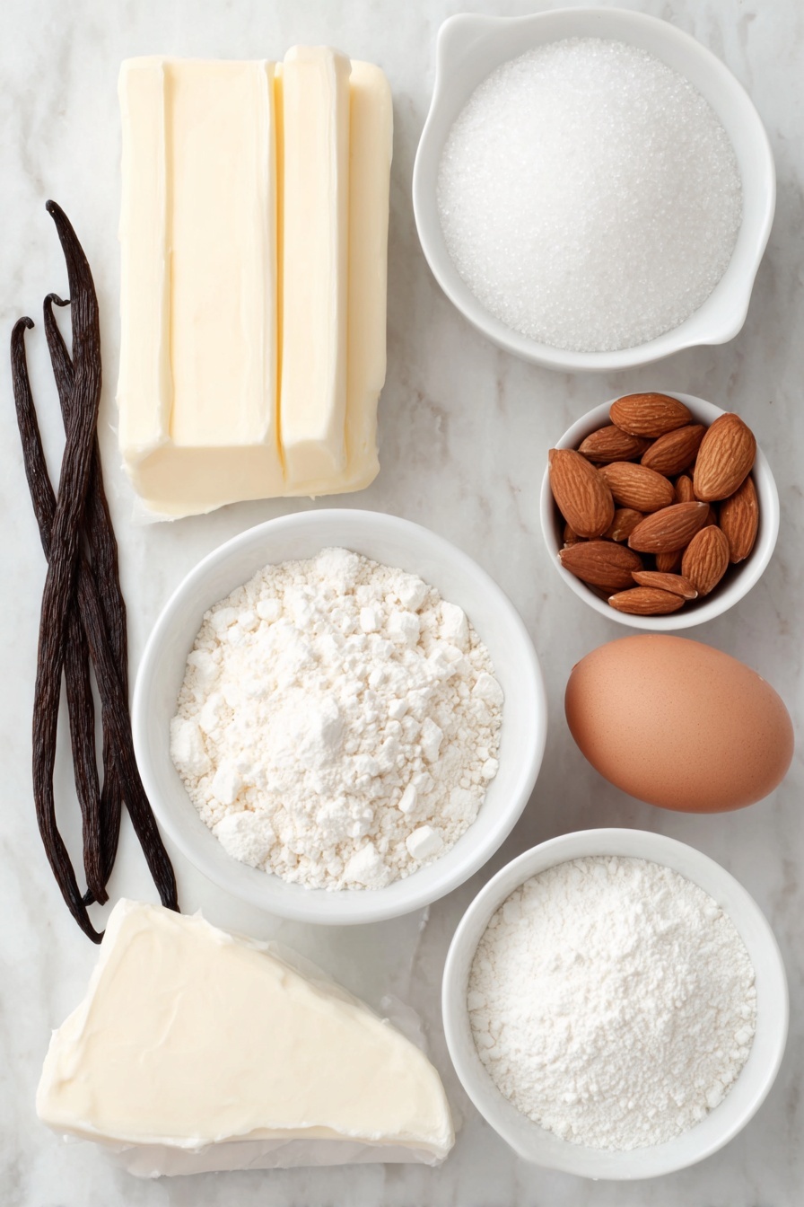 Flat lay of a small pile of unsalted butter sticks with smooth creamy texture, a wedge of fresh cream cheese with a soft white interior, a small mound of granulated white sugar, a single large brown egg with a clean uncracked shell, a few vanilla beans arranged naturally, a few whole almonds scattered to suggest almond extract, a neat heap of all-purpose flour with fine powdery texture, a small pile of white cornstarch powder, a pinch of fine salt crystals, a small mound of white baking powder, a small white ceramic bowl filled with powdered sugar, a small white ceramic bowl with white meringue powder, a small white ceramic bowl containing clear water, a single smooth vanilla bean pod beside a small white ceramic bowl of additional water, several small white ceramic bowls each with a different vivid shade of green gel food coloring, placed on a clean white marble surface, soft natural light, photo taken with an iPhone, professional food photography style, fresh ingredients, white ceramic bowls, no bottles, no duplicates, no utensils, no packaging --ar 2:3 --v 7 --p m7354615311229779997 - Marbled Sugar Cookies with Royal Icing, colorful sugar cookies, easy cookie decorating, elegant holiday cookies, homemade decorative cookies