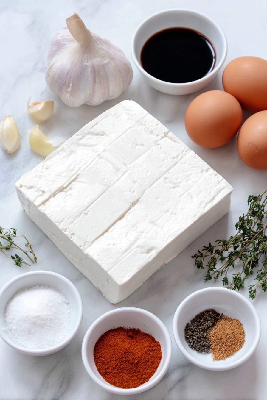 Flat lay of a whole block of extra firm tofu with neat crosshatch cuts, a few whole garlic cloves, half a small fresh yellow onion, a small white bowl of dark gluten-free soy sauce, a small white bowl of golden maple syrup, a small white bowl of bright red chili garlic sauce, a small white bowl of brown mustard, a small white bowl of loose brown sugar, a small white bowl with dried thyme leaves, three whole uncracked brown eggs, scattered whole cloves, and a small white bowl of orange smoked paprika, placed on a clean white marble surface, soft natural light, photo taken with an iPhone, professional food photography style, fresh ingredients, white ceramic bowls, no bottles, no duplicates, no utensils, no packaging --ar 2:3 --v 7 --p m7354615311229779997 - Sweet & Spicy Brown Sugar Glazed Tofu, tofu glaze recipe, spicy tofu marinade, caramelized tofu with brown sugar, easy tofu stir-fry