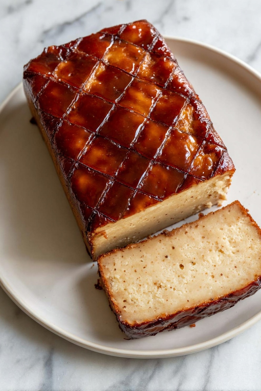 A rectangular loaf with two visible layers placed on a white plate on a white marbled surface; the top layer is a shiny, dark brown glaze with a crisscross pattern of shallow grooves, while the bottom layer has a creamy beige color with a slightly rough texture and some darker edges. One slice is cut from the loaf, showing the boundary between the glossy top and matte bottom layers. Photo taken with an iphone --ar 2:3 --v 7 - Sweet & Spicy Brown Sugar Glazed Tofu, tofu glaze recipe, spicy tofu marinade, caramelized tofu with brown sugar, easy tofu stir-fry